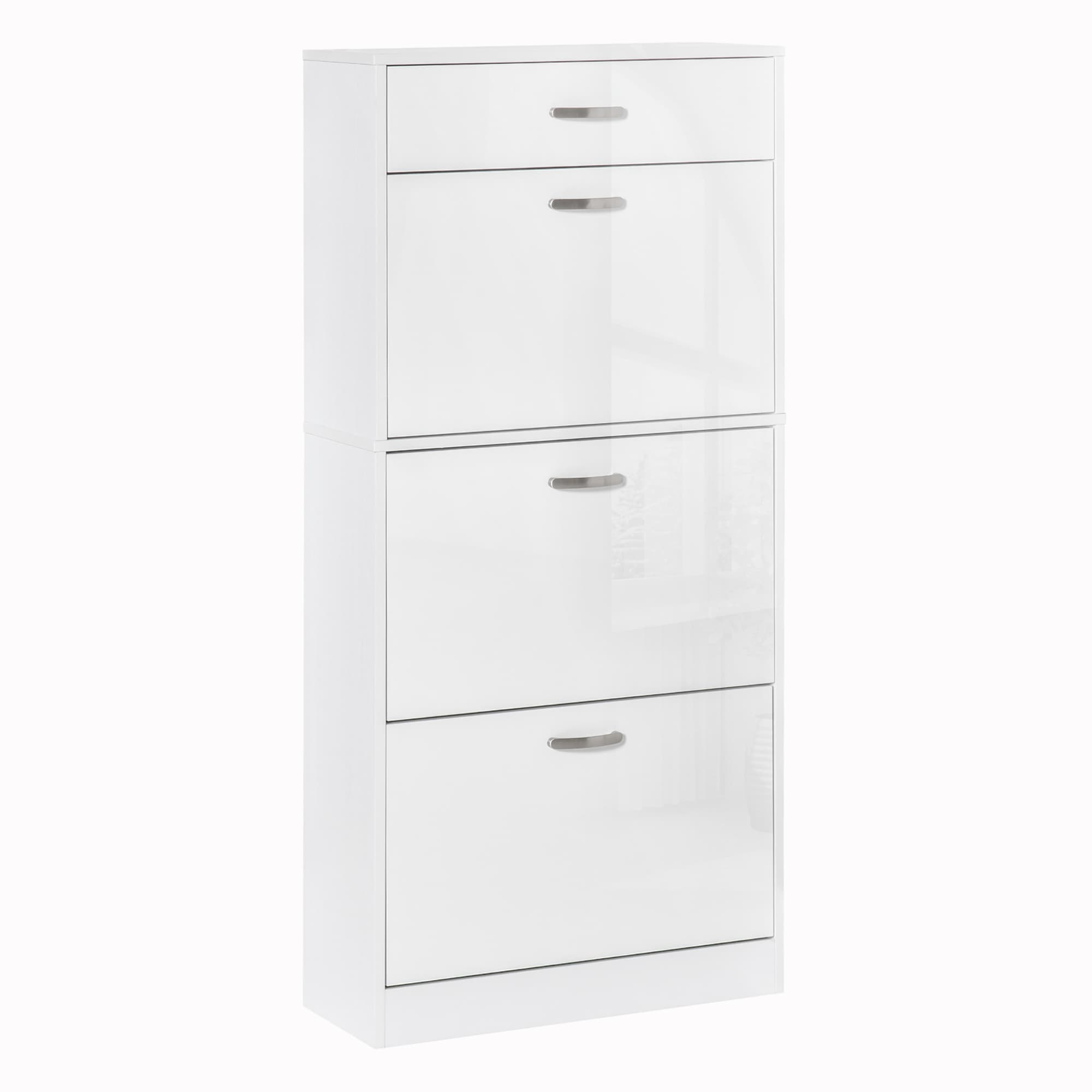 HOMCOM Meuble à Chaussures - 3 Portes abattantes et tiroir Coulissant - dim. 62L x 24l x 135H cm - poignées alu. Panneaux Particules Blanc