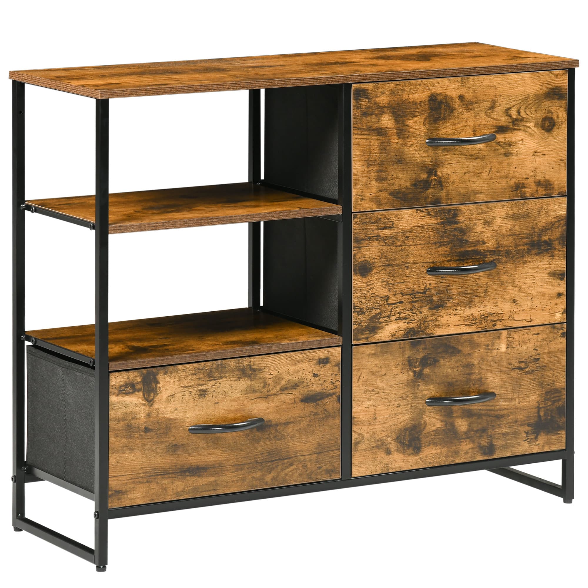 HOMCOM Meuble de rangement, commode, Buffet de rangement style industriel 4 tiroirs en tissu pliables 2 étagères métal et bois - 84 x 30 x 71,5 cm