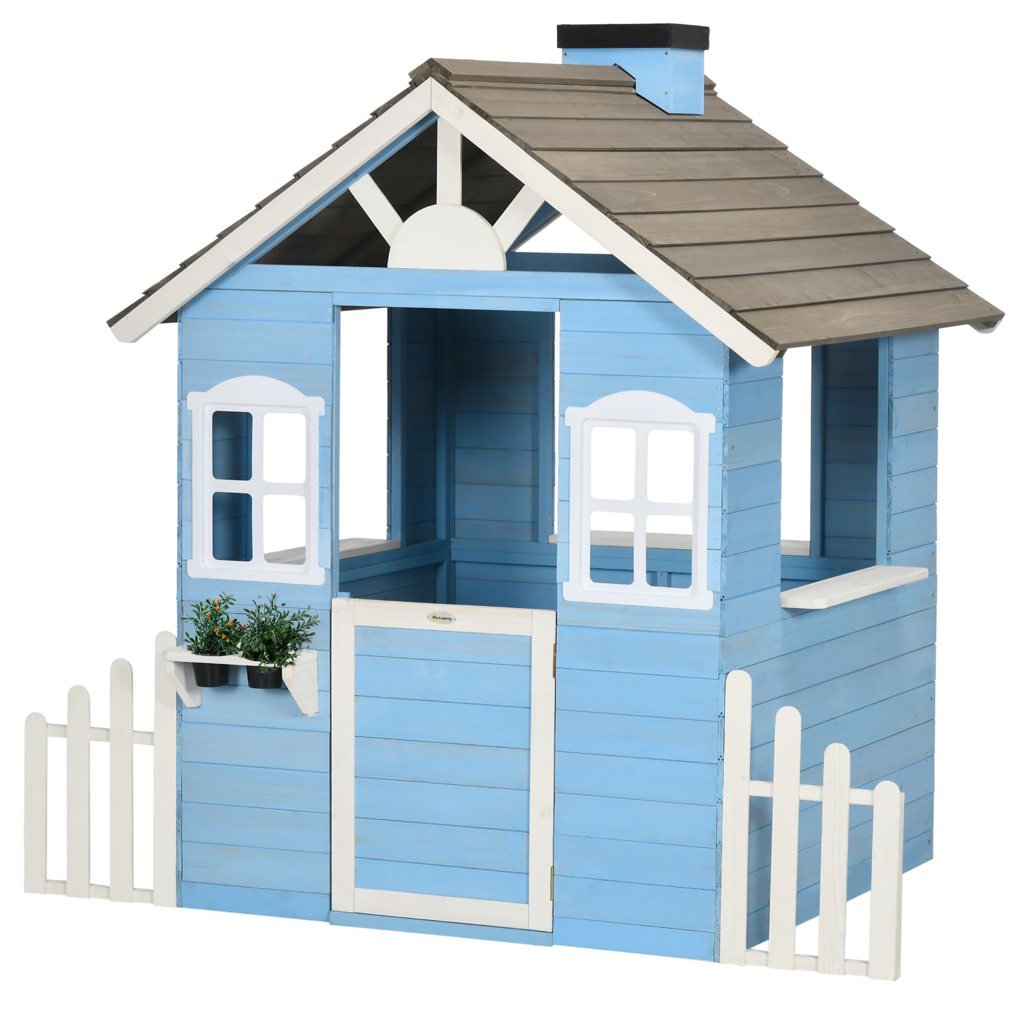 Outsunny Cabane de jeu pour enfant maison de jardin en bois porte et fenêtres de 3 à 7 ans dim. 151L x 112.5l x 142H cm bleu Aosom France