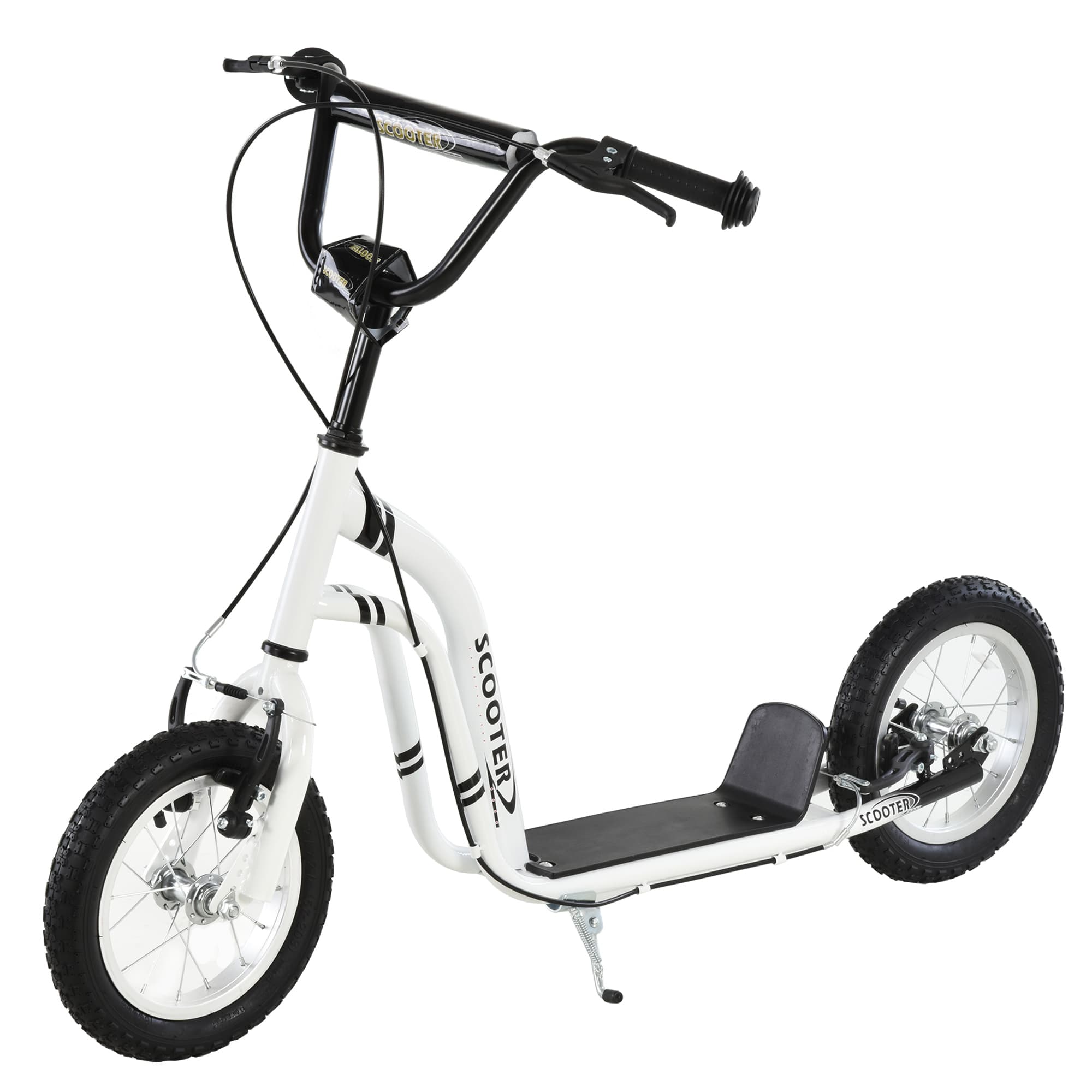Homcom Trottinette Patinette pour Enfants Plus de 5 Ans Grands Pneus Guidon Réglable 2 Freins Poignée Béquille Latérale 120 x 58 x 80-85 cm Blanc
