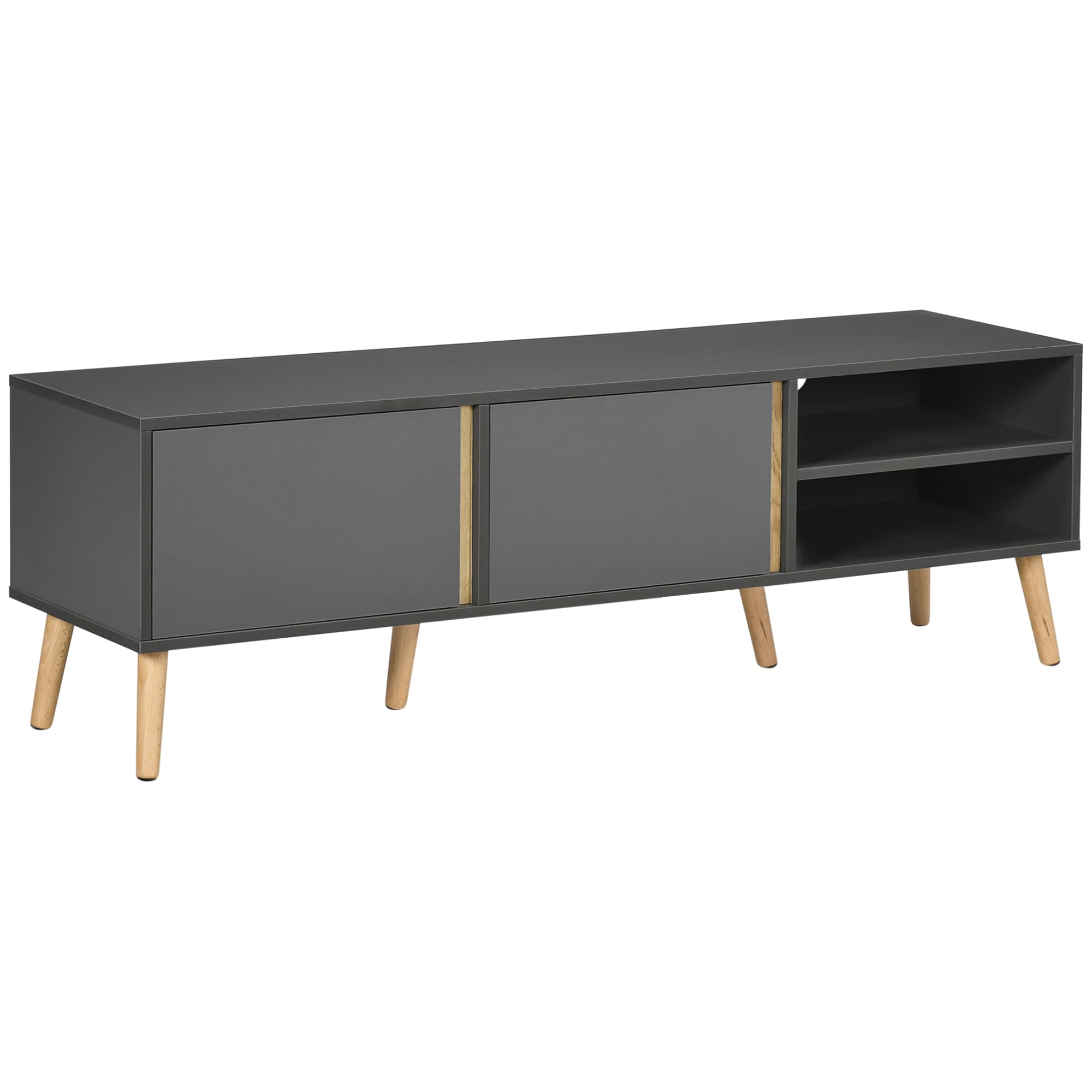 HOMCOM Meuble TV pour télévision jusqu'à 55 pouces scandinave 2 portes 2 niches avec passe-câbles 150 x 35 x 45 cm gris foncé