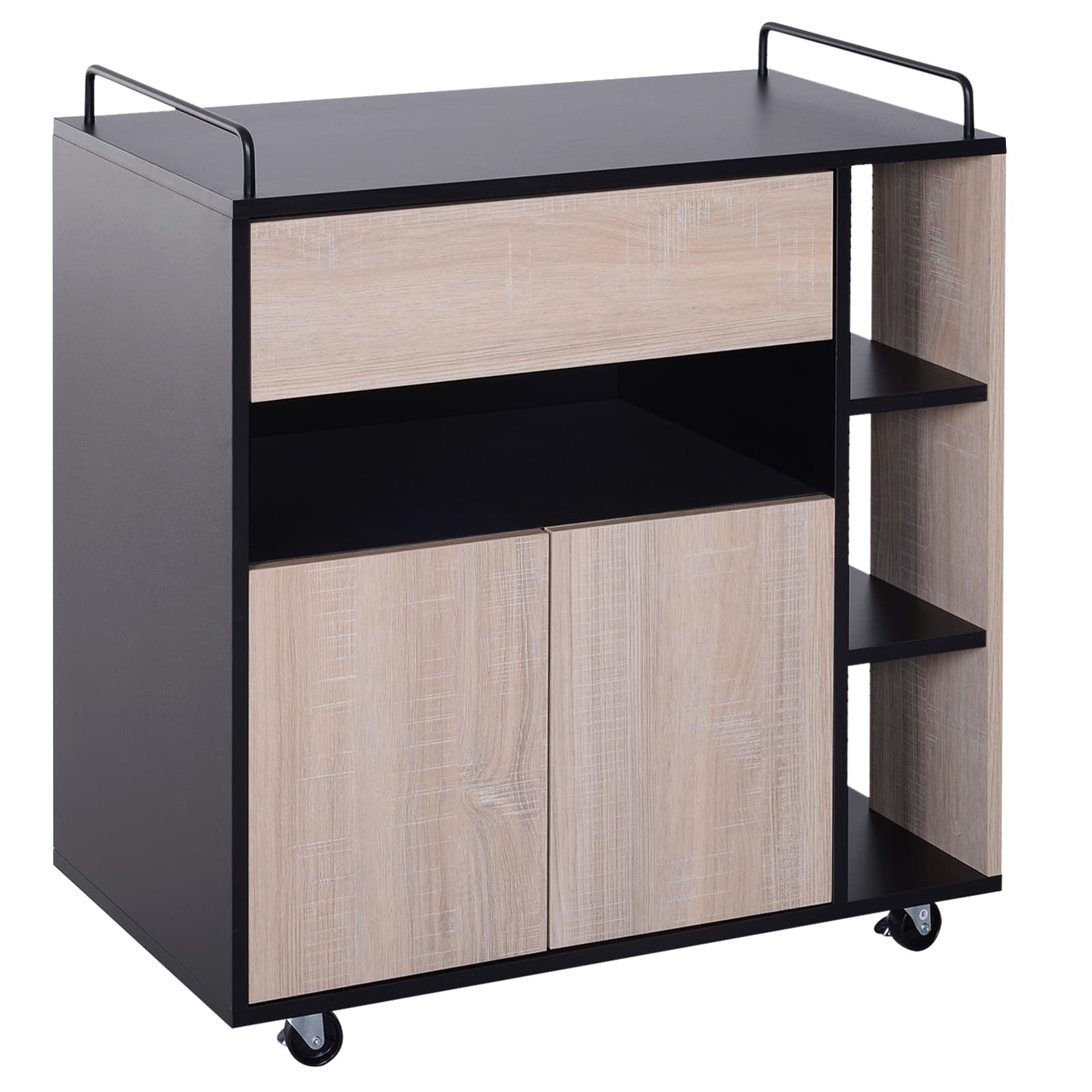 HOMCOM desserte de cuisine à roulettes multi-rangements placard double portes + 3 étagères + niche + tiroir panneaux particules noir chêne