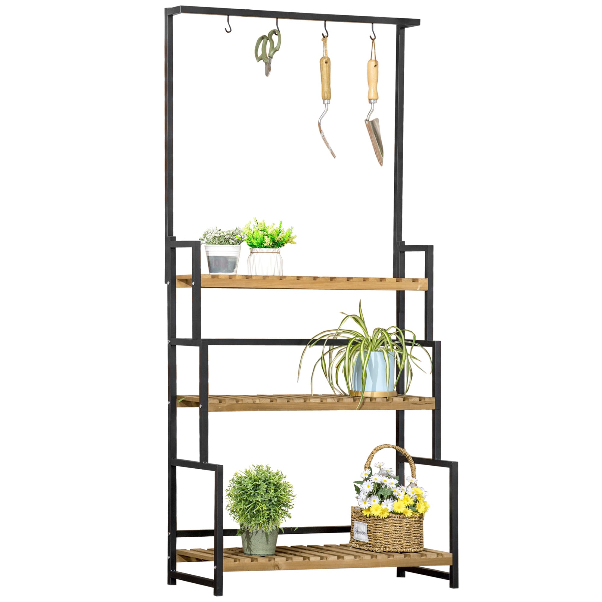 Outsunny Porte Plante Suspendue Bois 3 Niveaux + Barre 4 Crochets 80x36x174cm Aosom France