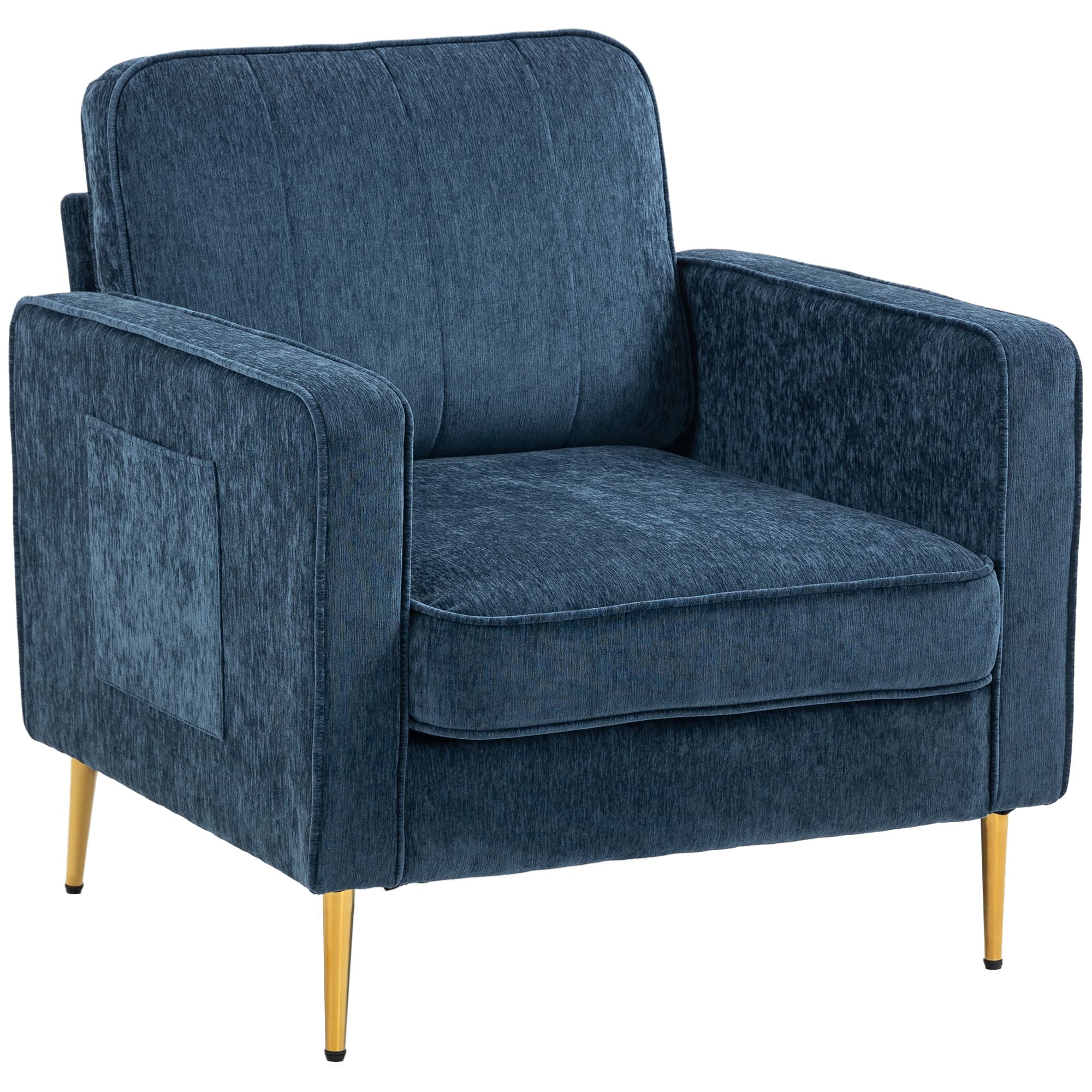 HOMCOM Fauteuil en tissu avec pieds en acier doré, grand confort, pochettes latérales, pour salon, bureau, chambre, bleu