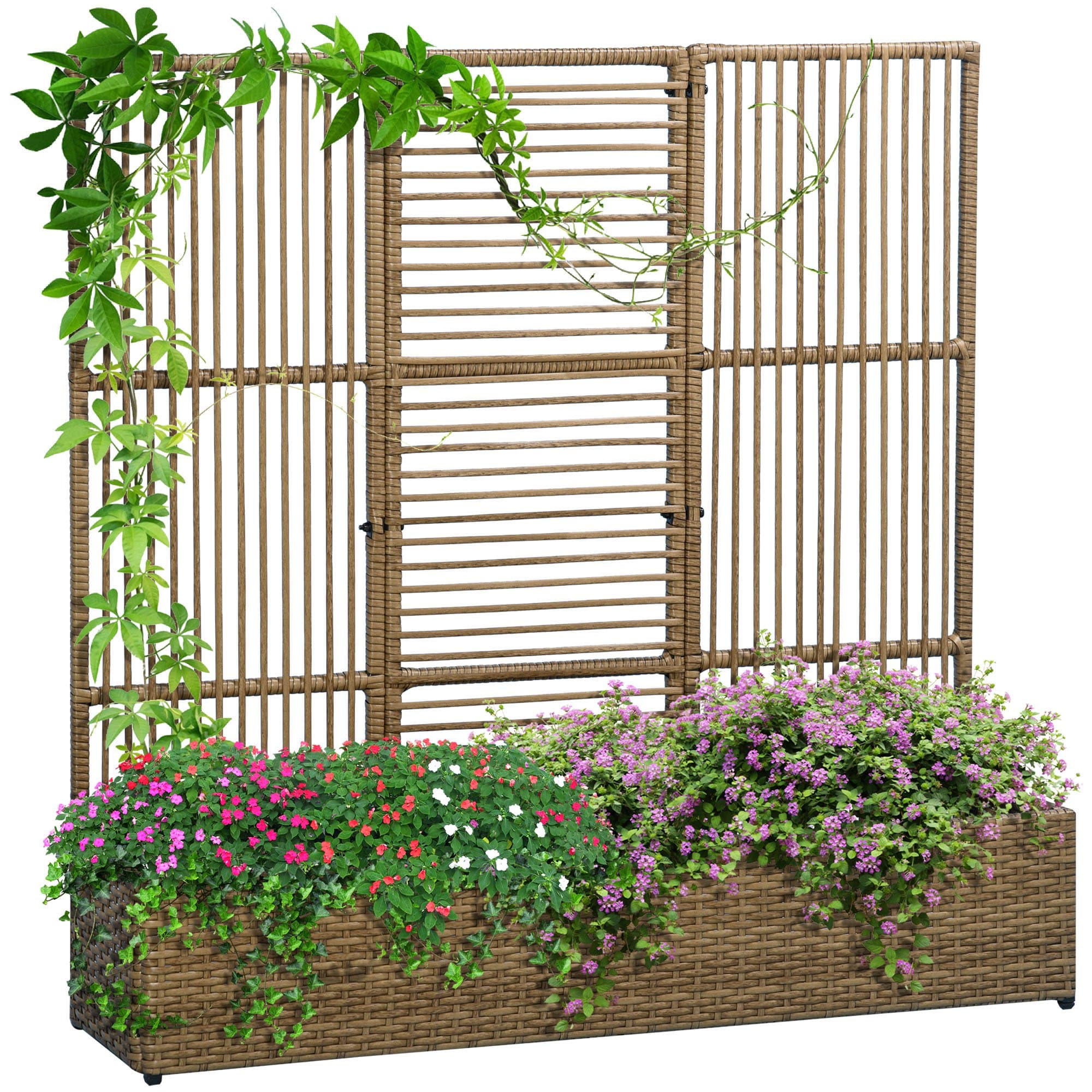 Outsunny Support pour plantes avec treillis avec panier inférieur en résine tressée P et acier dim. 103L x 29l x 103H cm sable Aosom France