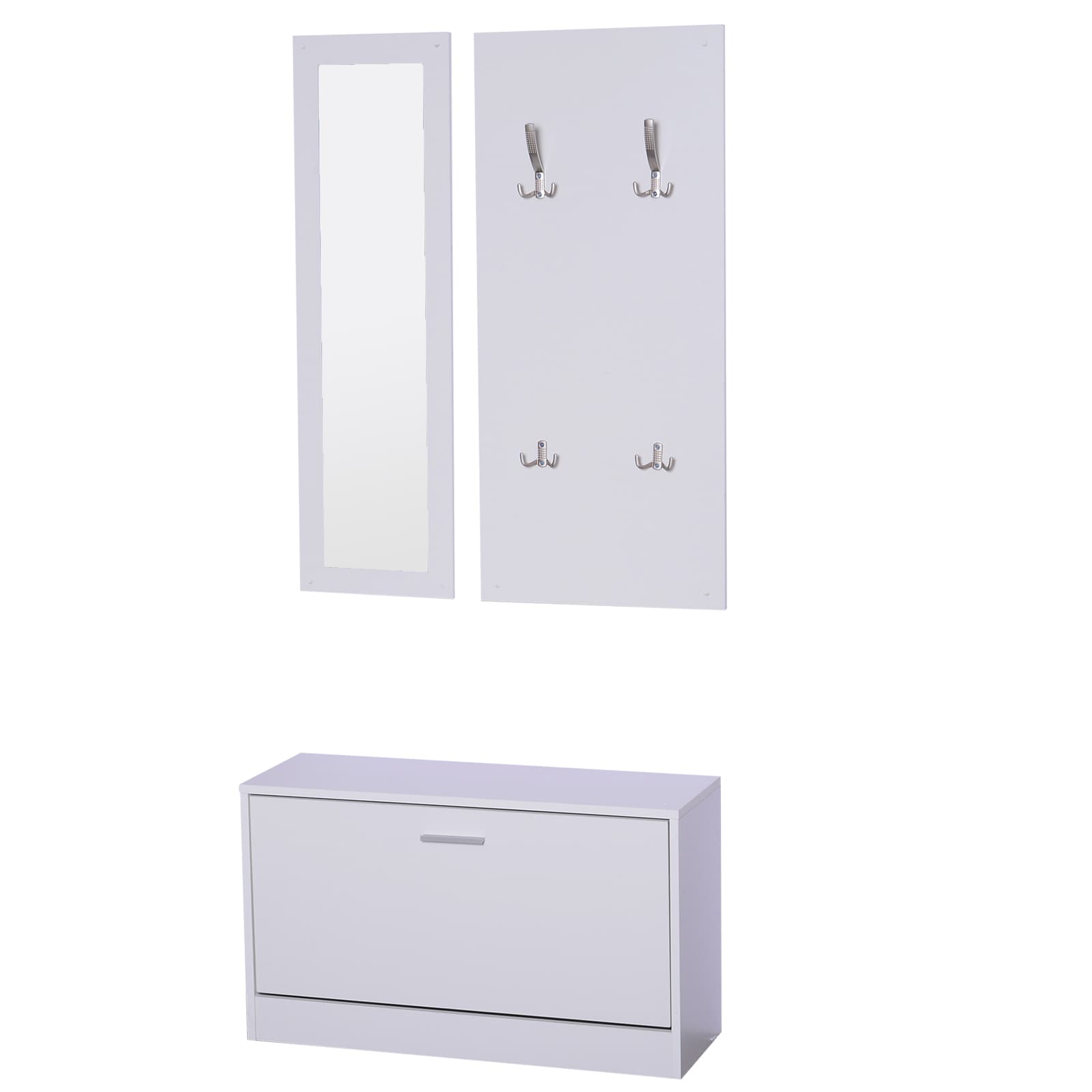HOMCOM Ensemble de Meubles d’Entrée Vestiaire 3 en 1 Multifonction Meuble Chaussures Miroir et Panneau Porte-Manteau Blanc
