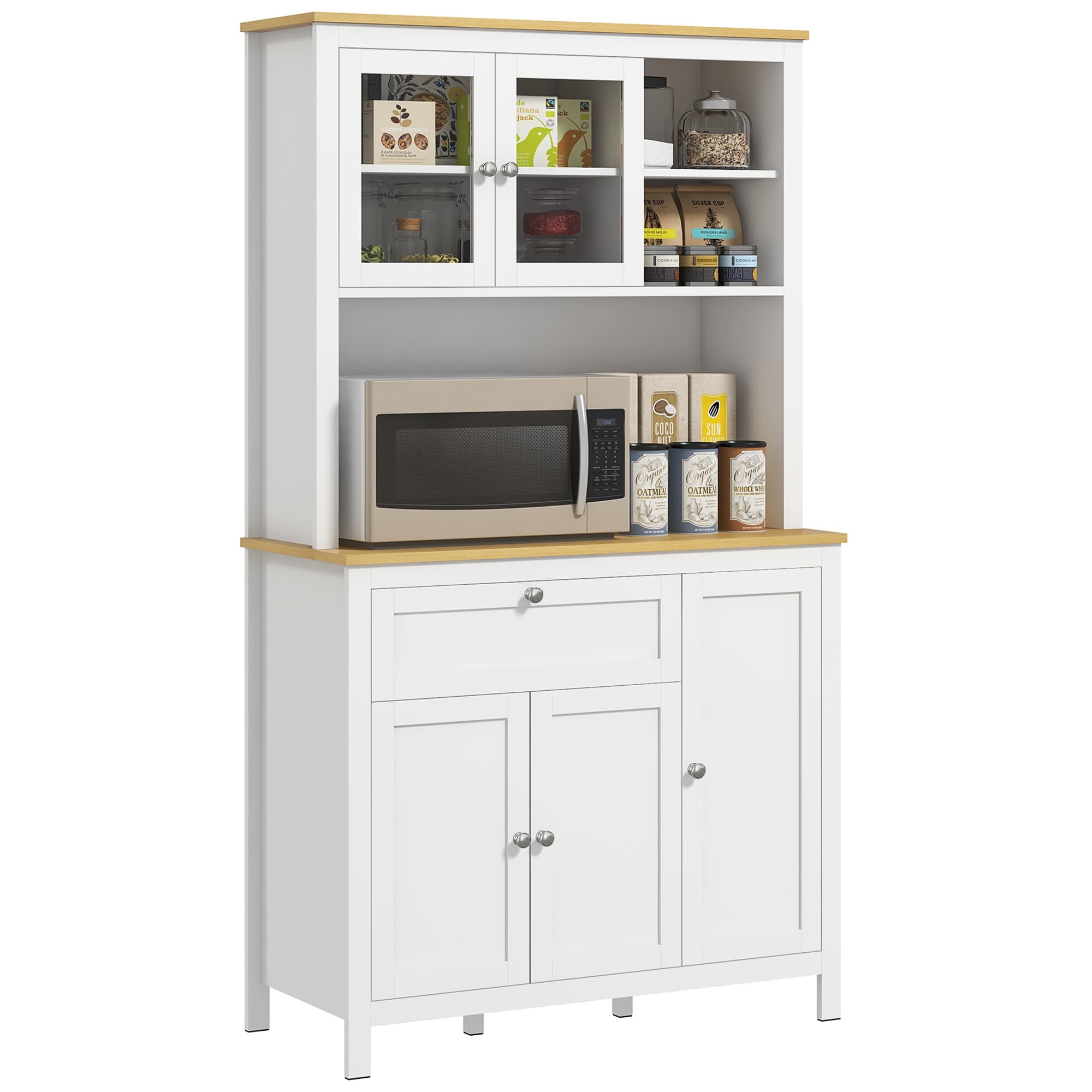 HOMCOM Buffet de cuisine Buffet haut cuisine blanc avec 5 portes dont 2 portes vitrées et 1 tiroir 1 niche centrale 100x40x180 cm Aosom France