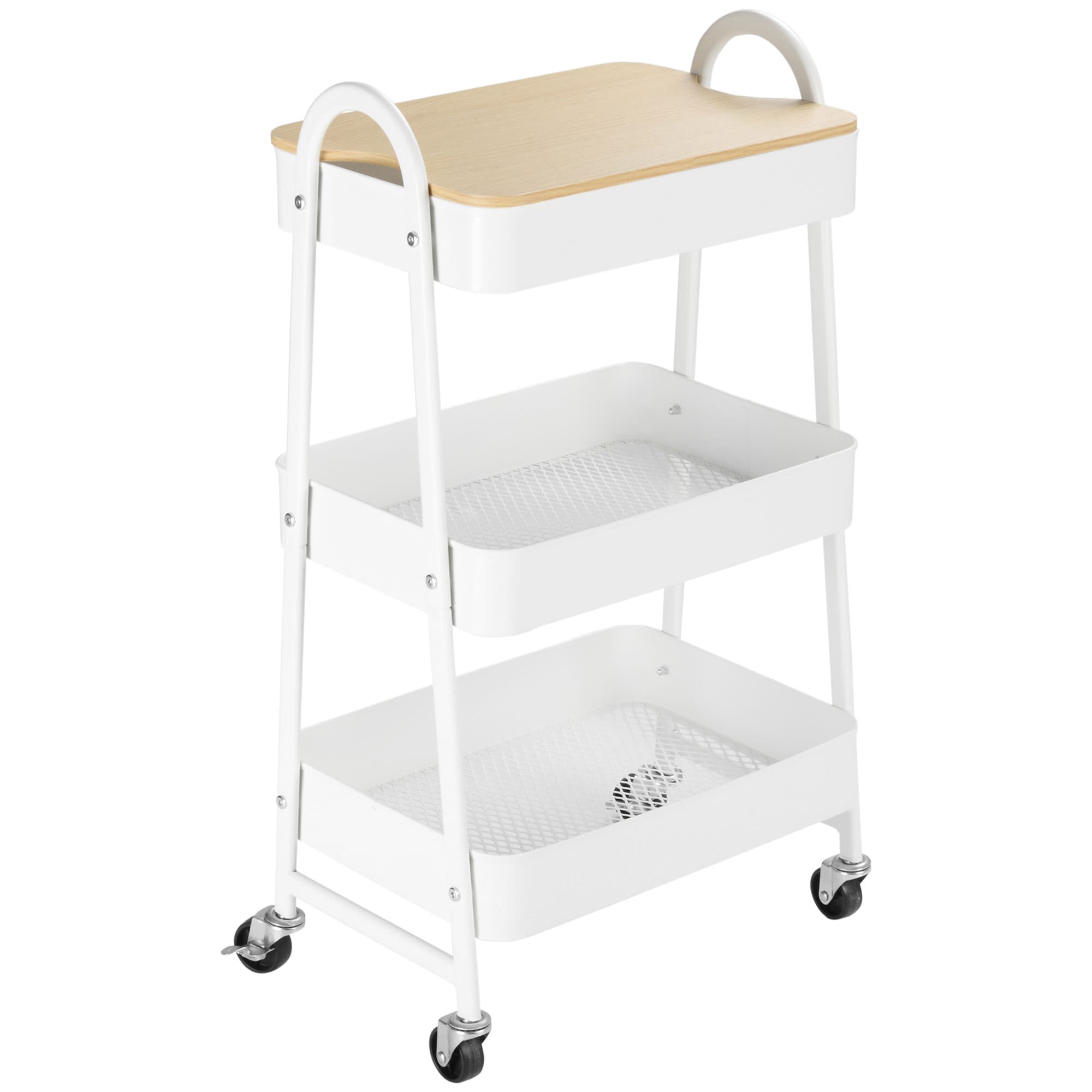 HOMCOM Desserte chariot de rangement en acier à roulettes avec 3 niveaux, plateau MDF, poignées dim. 45L x 31l x 79,4H cm