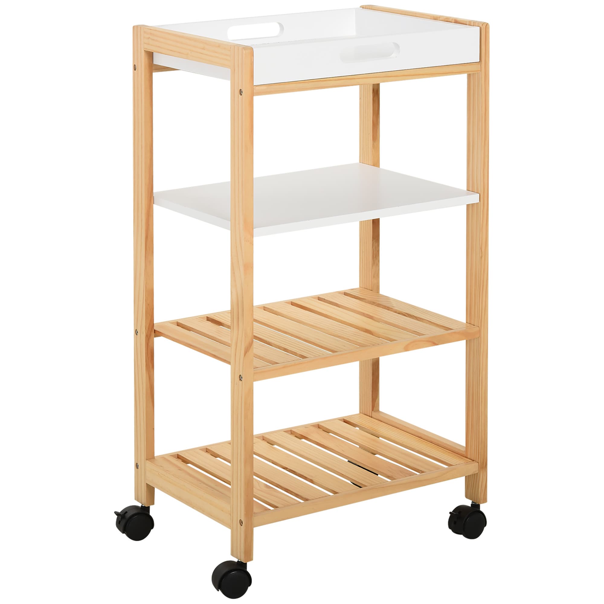 HOMCOM Chariot de service desserte salle de bain à roulettes 3 étagères + plateau amovible bois de pin MDF blanc Aosom France