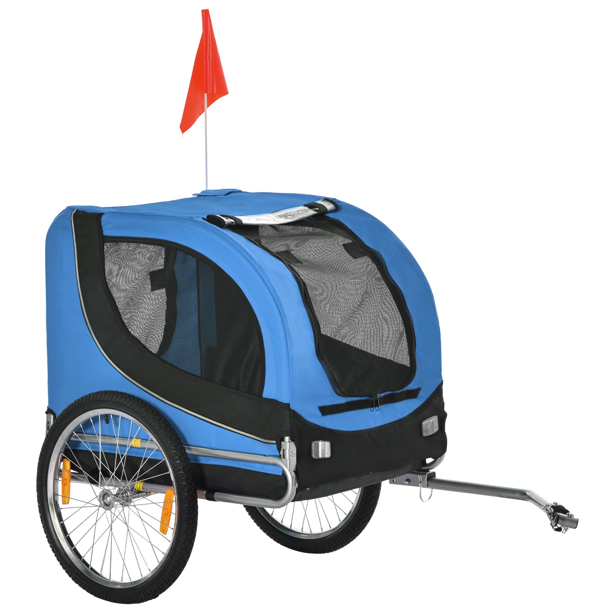 HOMCOM Remorque Vélo pour Animaux de Compagnie Sécurisée avec 8 Réflecteurs et Drapeau Bleu Noir Aosom France