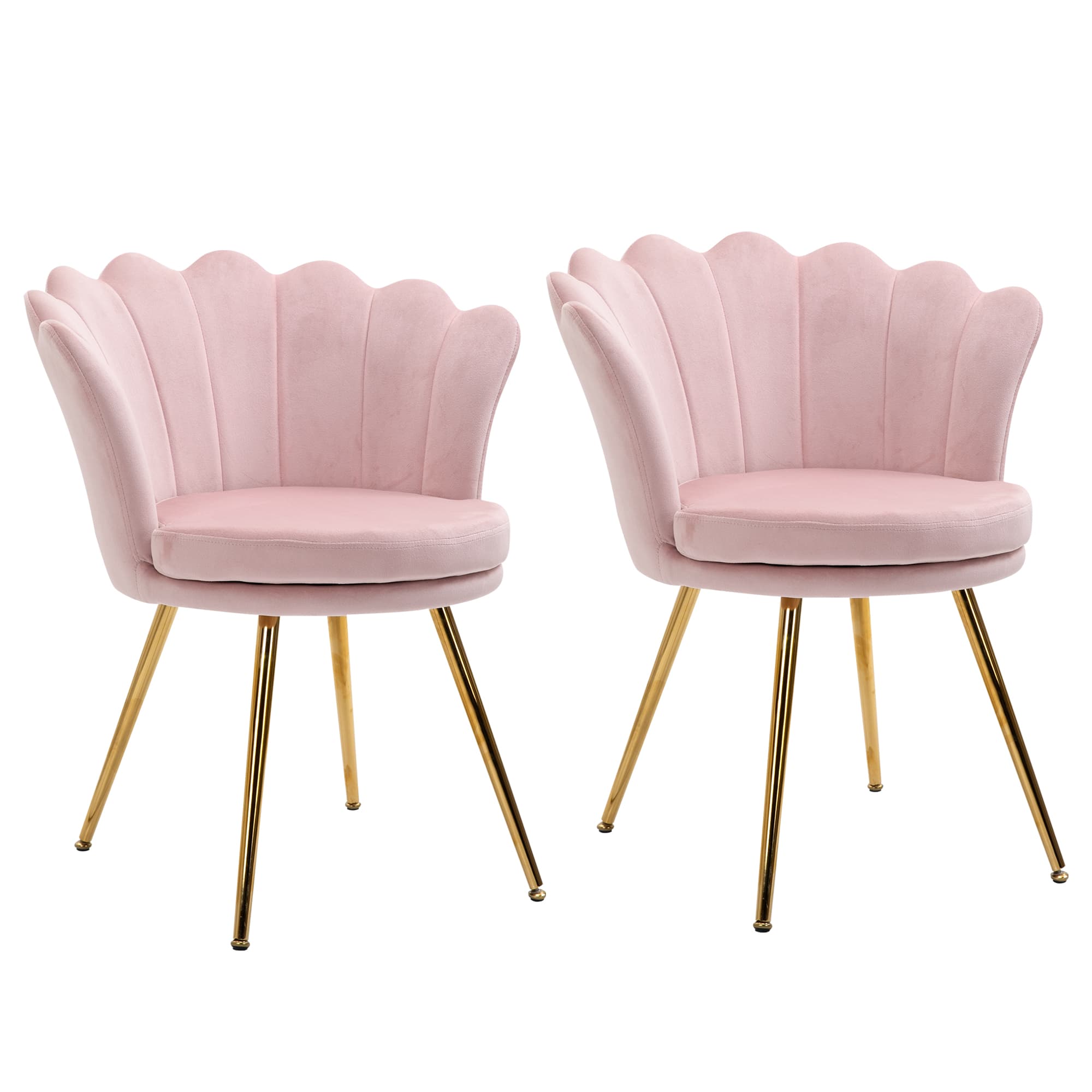 HOMCOM Lot de 2 fauteuil coquillage Fauteuil rose Fauteuil de salon Chaise en velours pieds métal dorés effilés dim. 67l x 64P x 77H cm rose