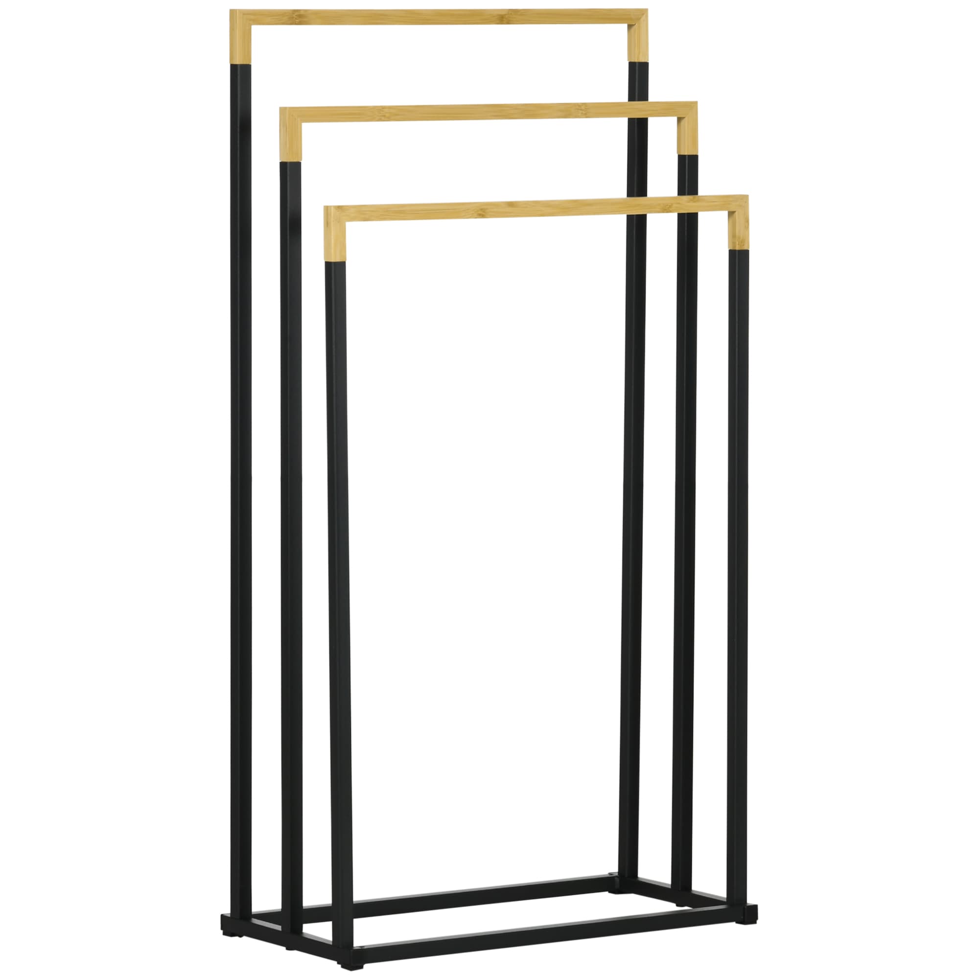kleankin Porte-serviettes en bambou et acier sur pieds avec 3 barres support pour serviette 45 x 22,5 x 86 cm noir et naturel