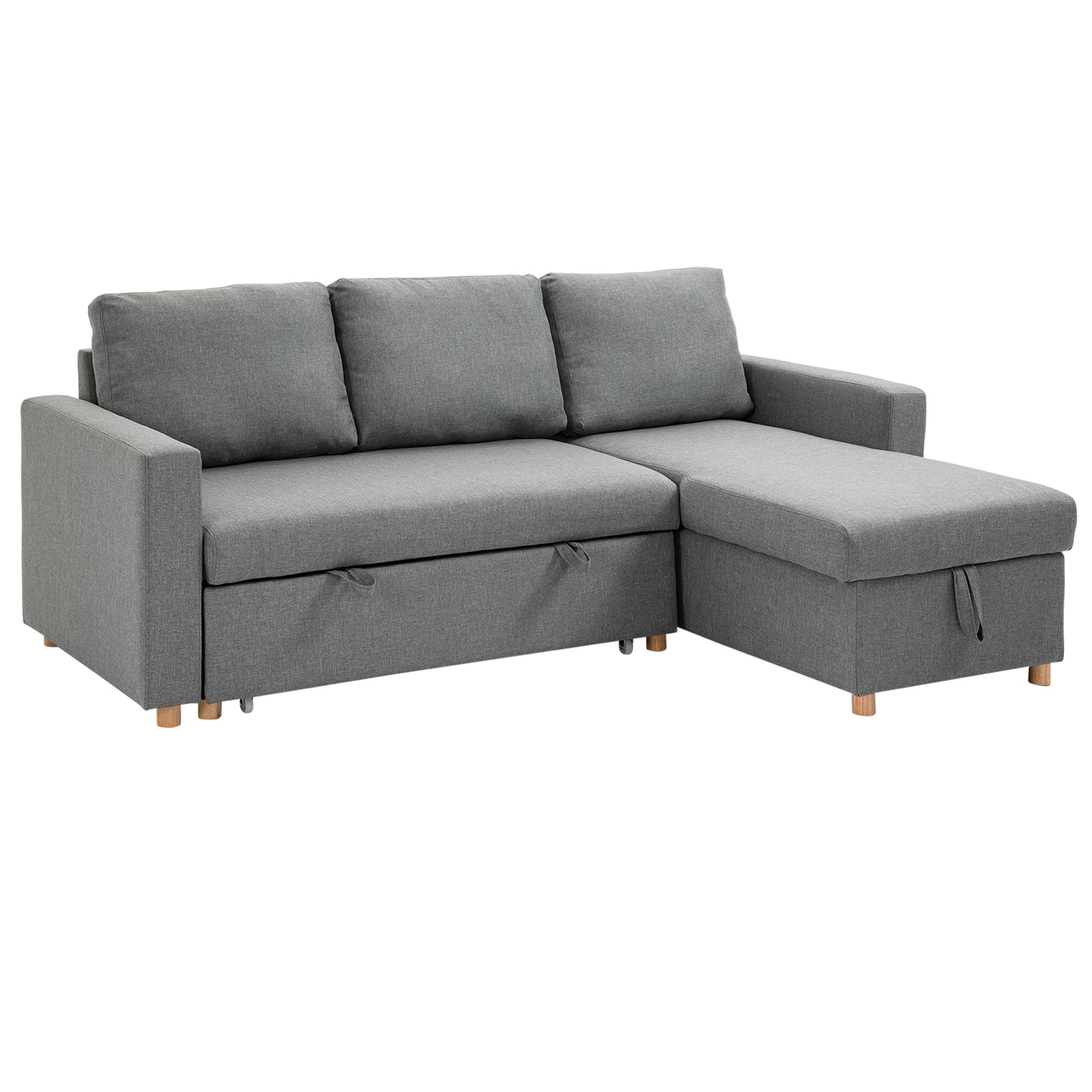 HOMCOM Canapé d'angle 3 places canapé-lit convertible méridienne réversible aspect lin pieds en bois d'hévéa 211,5 x 146 x 85 cm gris clair