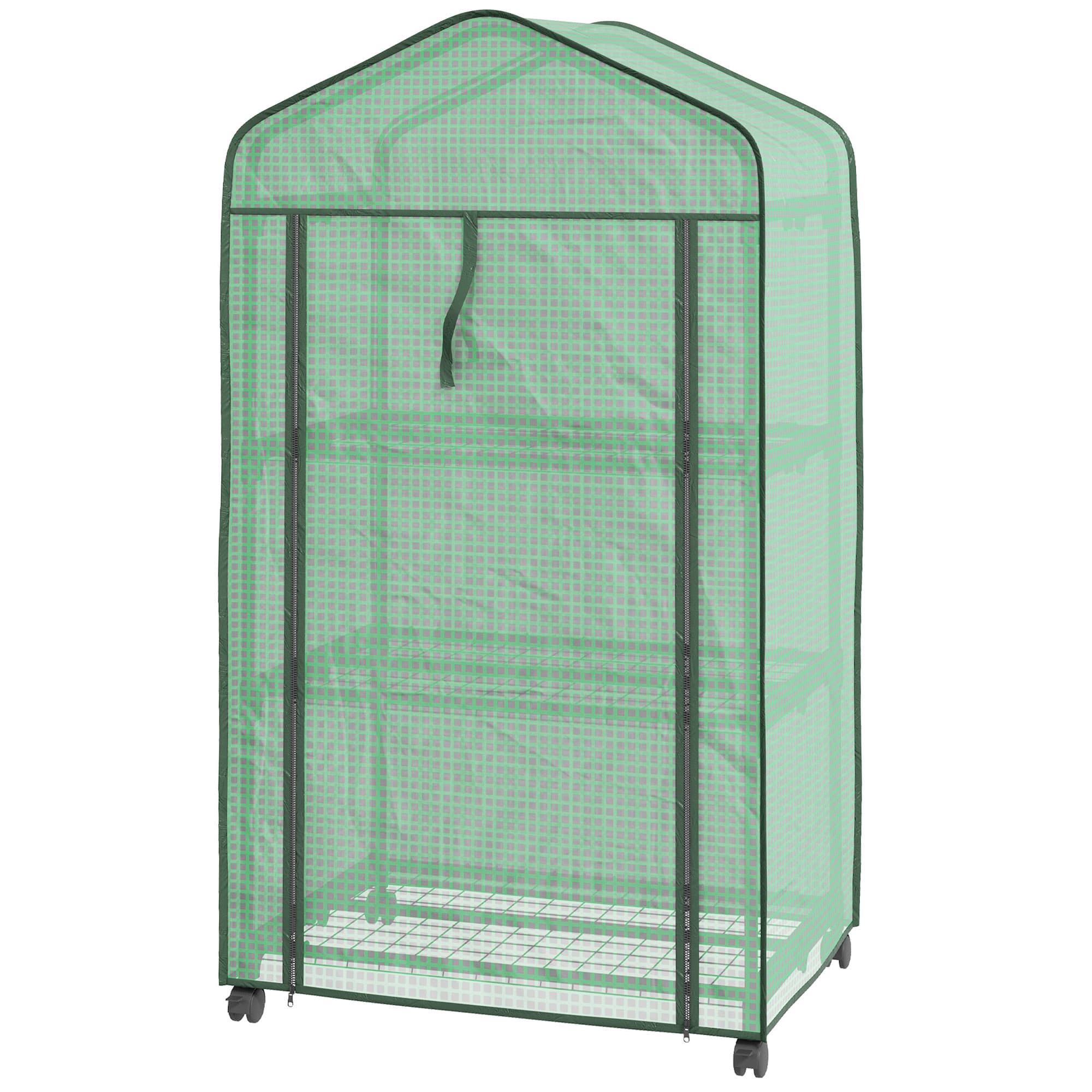 Outsunny Mini serre de jardin avec 3 étagères, bâche PE haute densité, porte enroulable, 4 roulettes, dim. 69L x 49l x 130H cm
