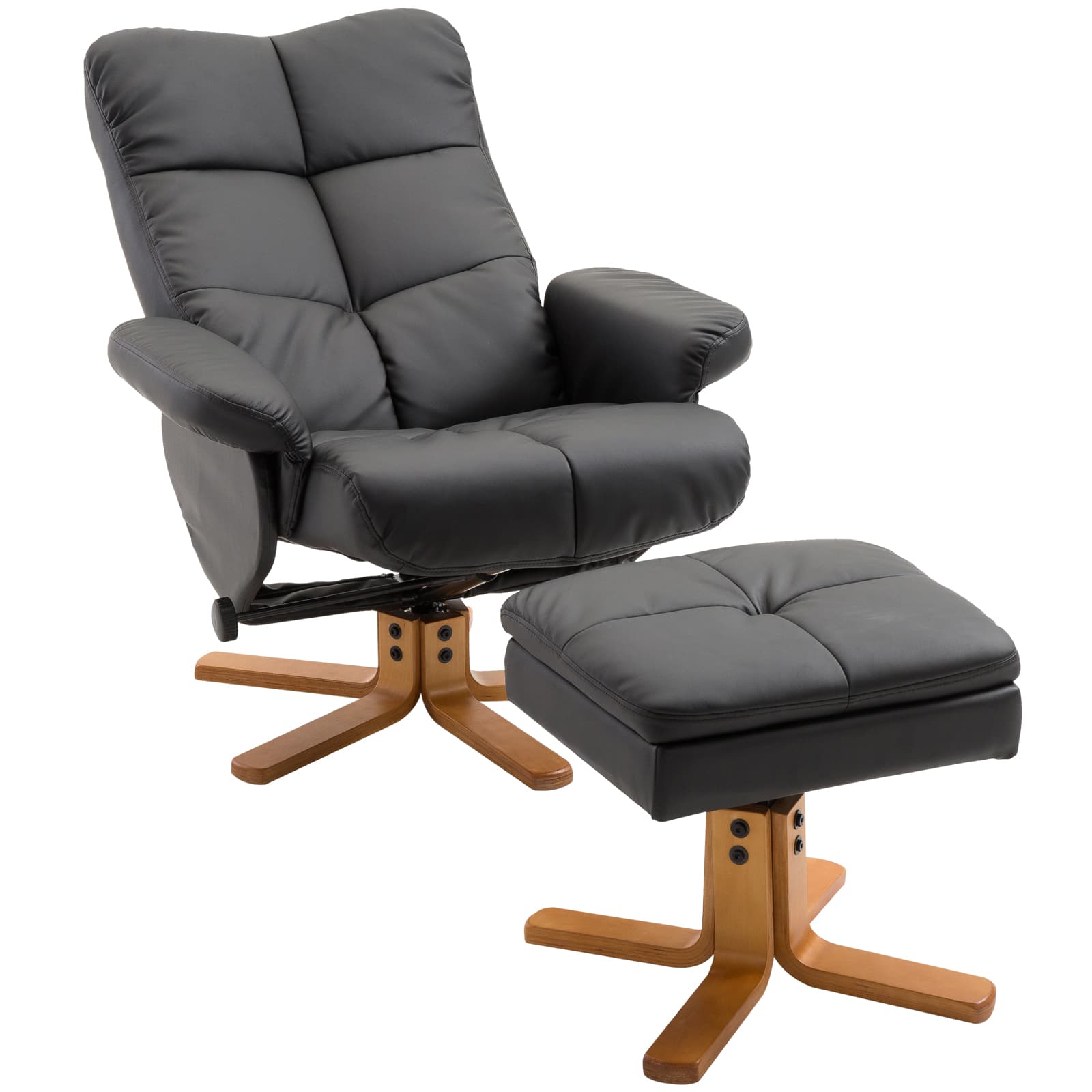 Outsunny Fauteuil Relax Inclinable Repose-Pieds Rangement Similicuir Noir Pied Bois 120kg Aosom France