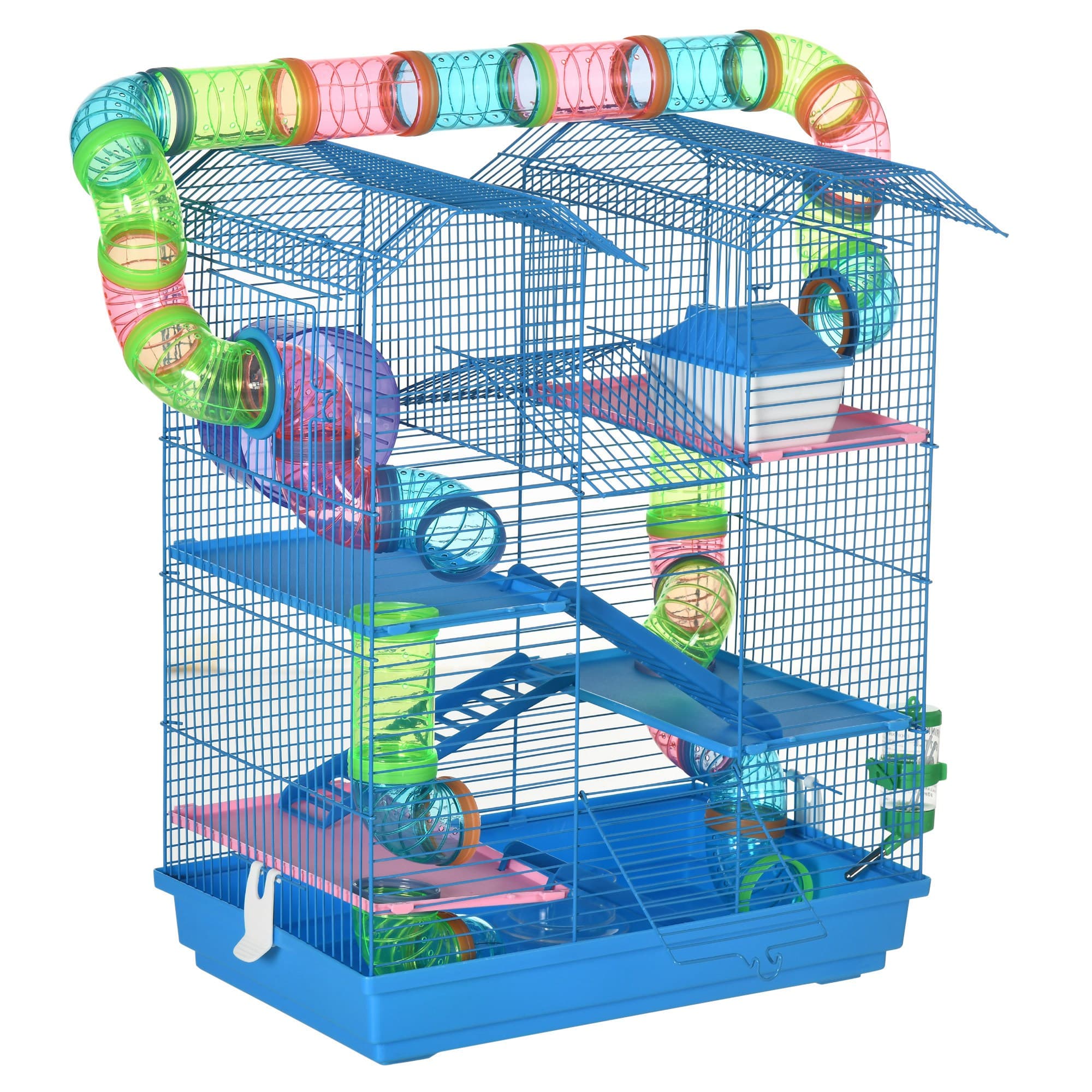 PawHut Cage pour Hamster Souris Petit Animaux Rongeur avec Tunnel Mangeoire Roue Jouet 47 x 30 x 59 cm Bleu