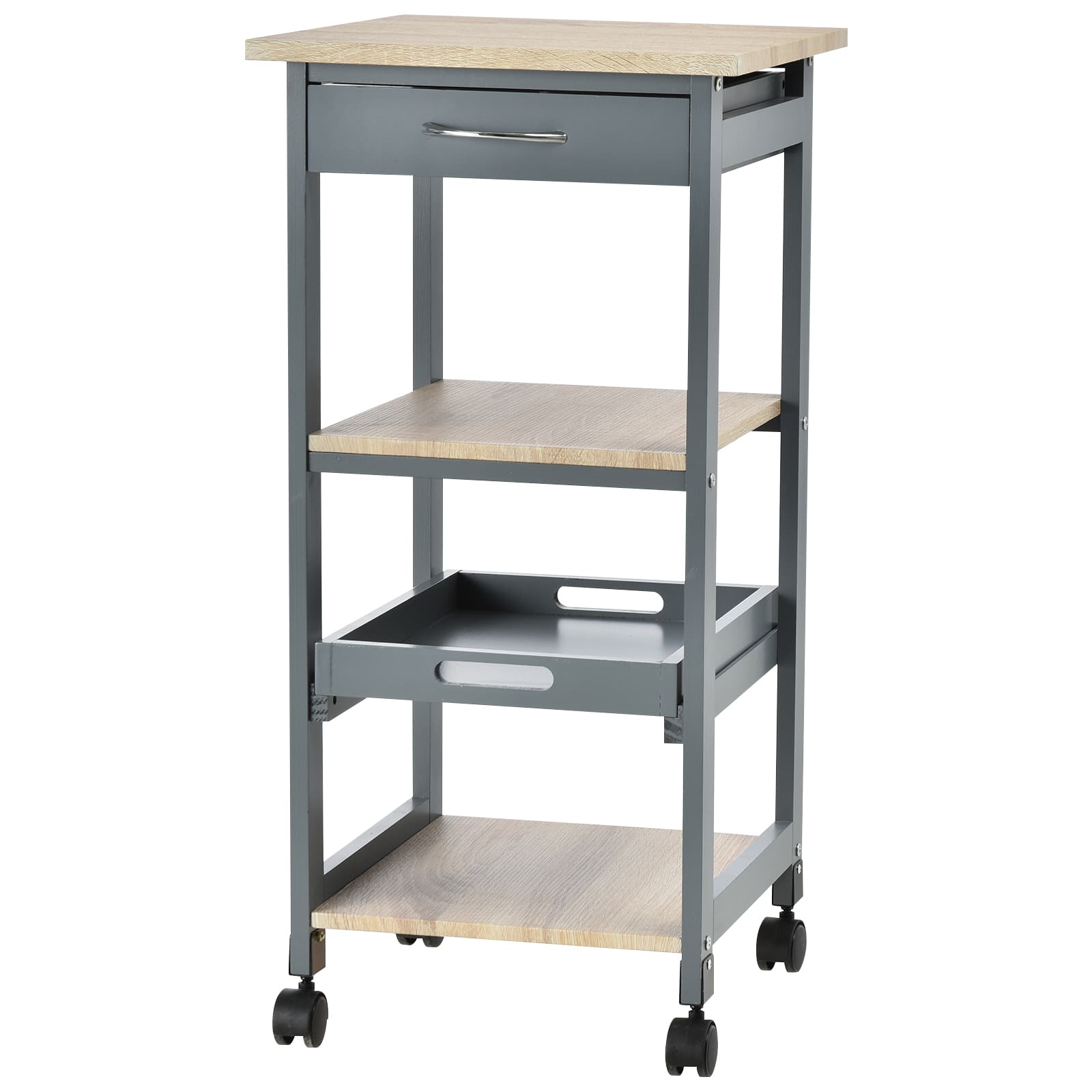 HOMCOM Chariot de Service Desserte de Cuisine à Roulettes Multi-rangements 2 Étagères 1 Plateau Amovible 37 x 37 x 76 cm Gris Chêne aosom france