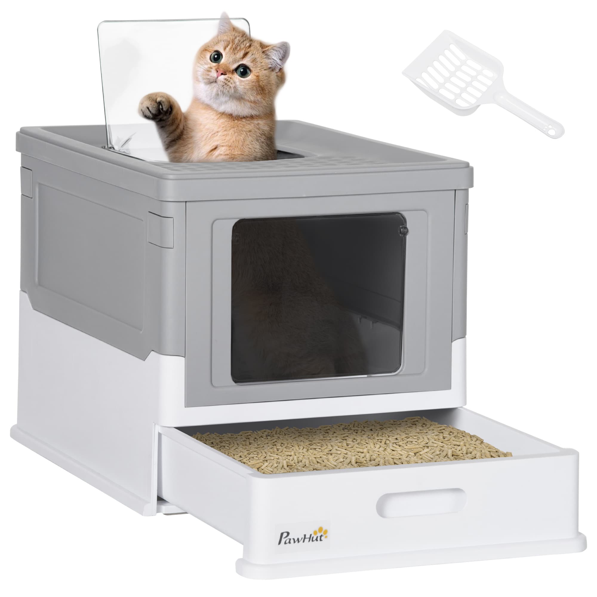 PawHut Maison de toilette pour chat bac à litière pliable double porte battante et supérieure pelle fourni 47,5 x 35,5 x 36,7 cm gris Aosom France