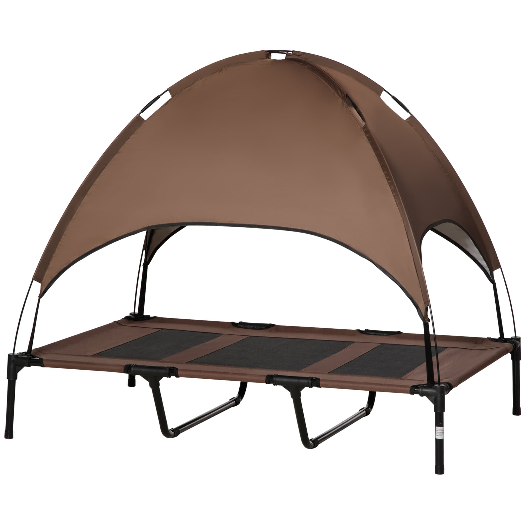 PawHut Lit Surélevé pour Animaux Tissu Oxford Anti-UV Brun Noir avec Parasol et Sac de Transport Aosom France