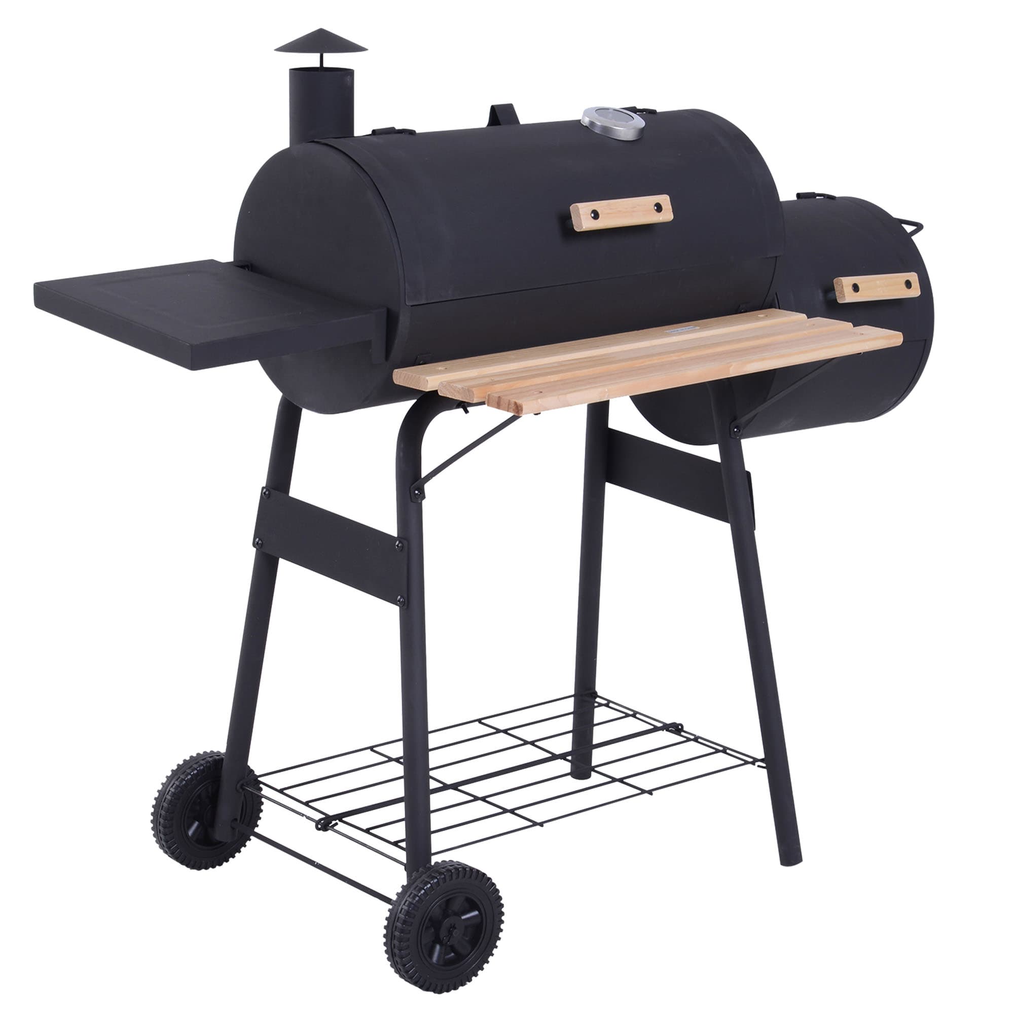 Outsunny Barbecue à carbon sur roulettes BBQ grille jardin camping 2 foyers foumoir évent réglable inclus 2 tablettes 124 x 53 x 108 cm noir