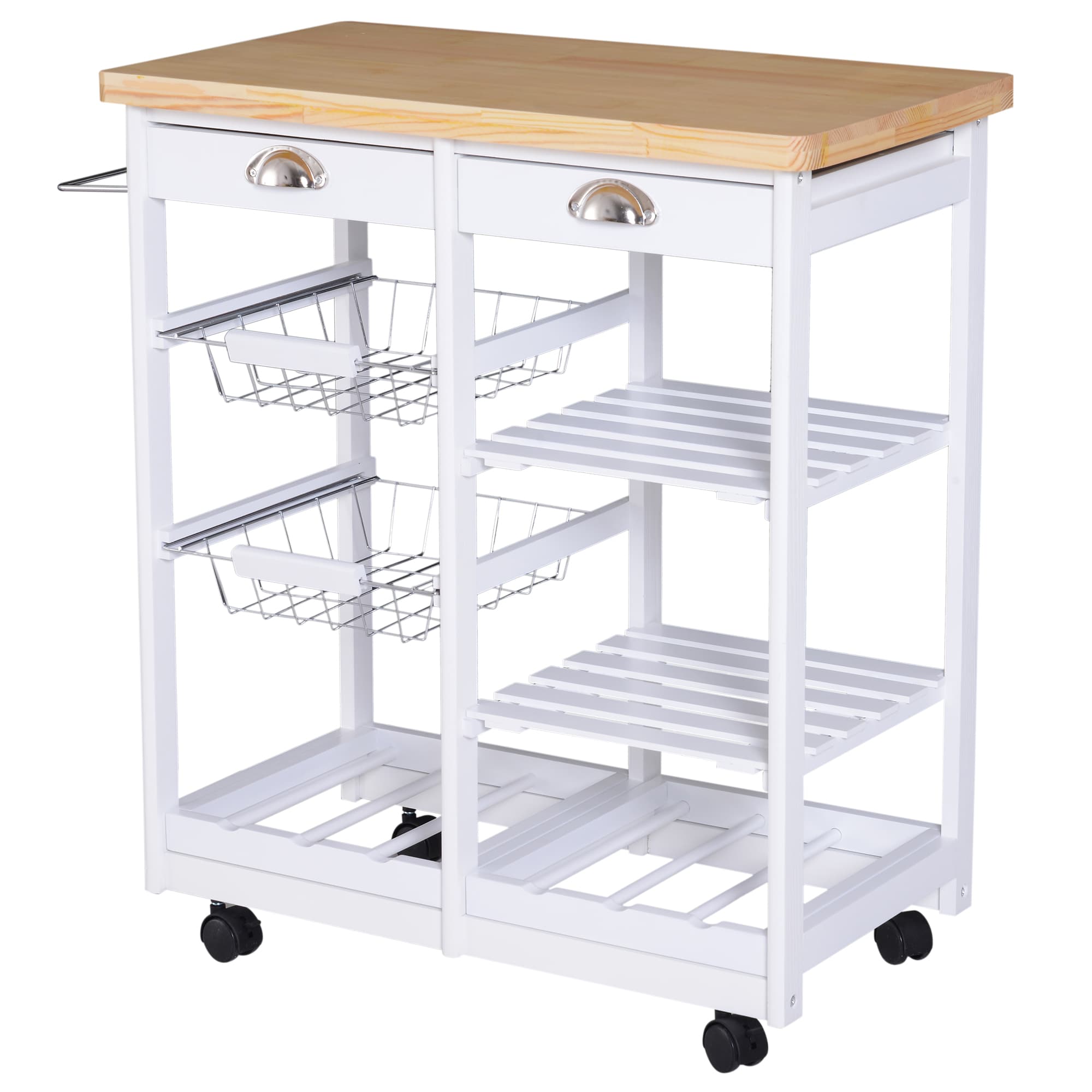 Homcom Chariot de Service Desserte de Cuisine à Roulettes Multi-Rangements Plateau Plateau en Bois Massif de Pin Bois Massif Pin Châssis MDF 74 x 37 x 76 cm Blanc