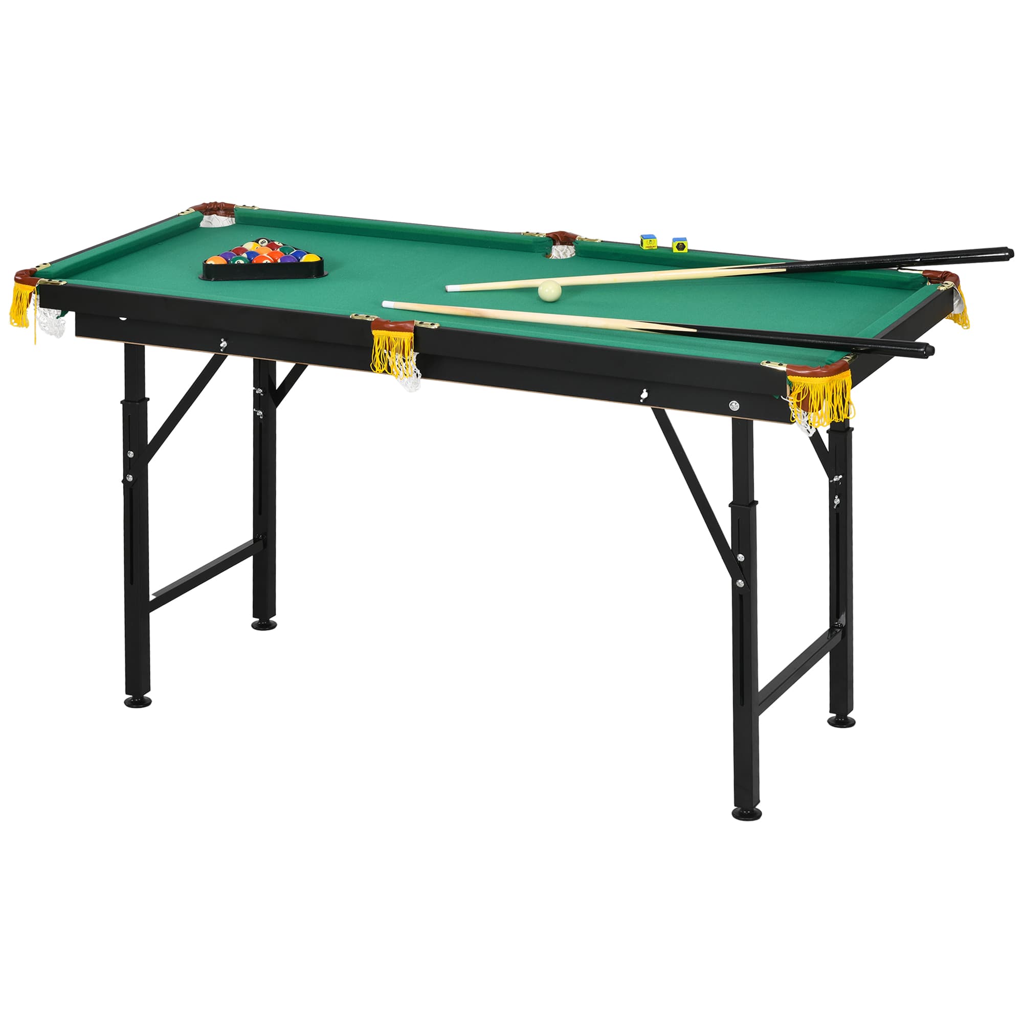 SPORTNOW Table de billard pliable hauteur réglable avec accessoires 2 queues, 16 boules, 2 craies, triangle, brosse, vert