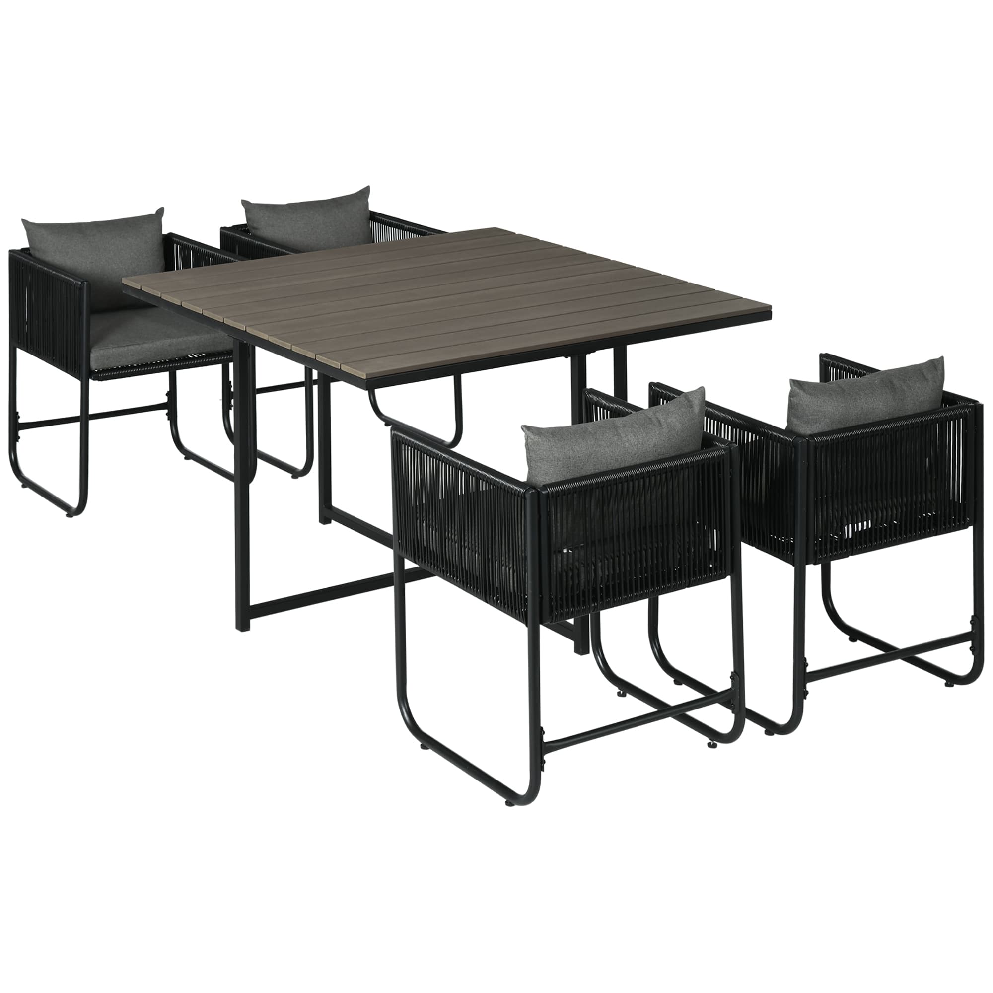 Outsunny Salon de jardin ensemble 5 pièces avec 1 table et 4 fauteuils 8 coussins table en composite plateau aspect bois noir Aosom France