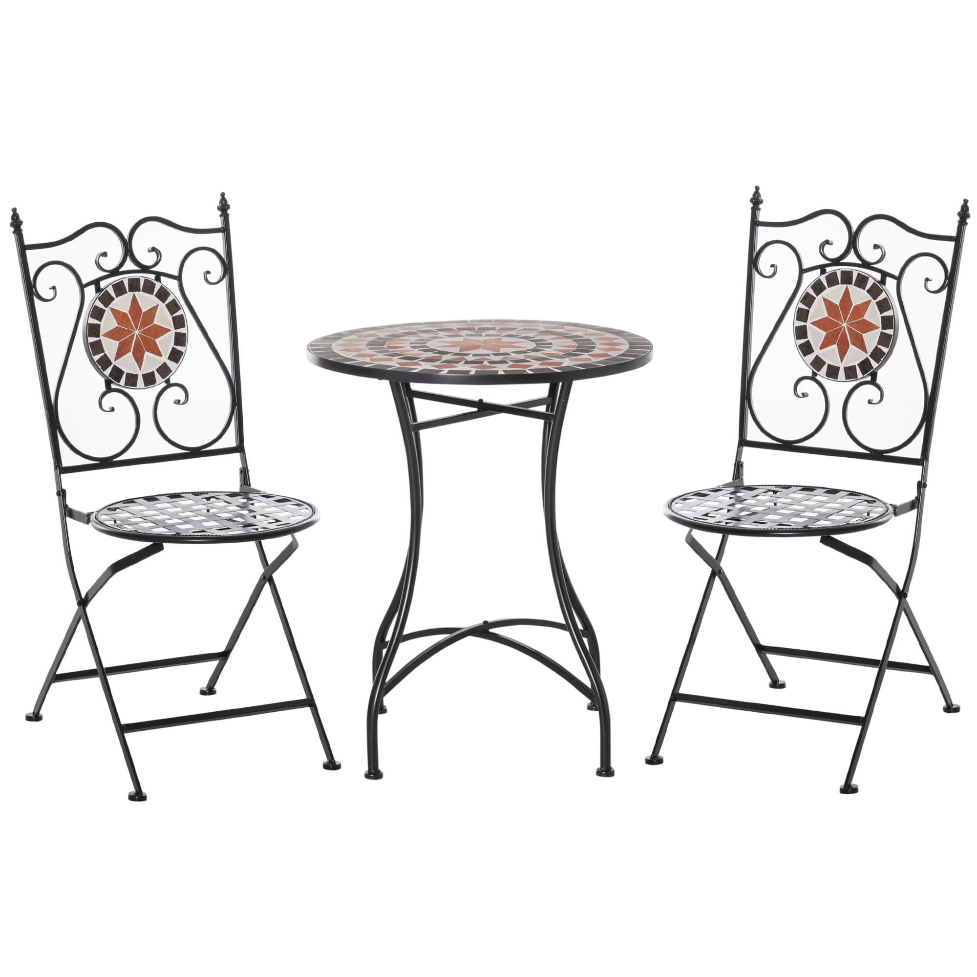 Outsunny Salon de jardin 2 places 3 pièces style fer forgé mosaïque céramique Ø 60 x 71H cm noir et orange