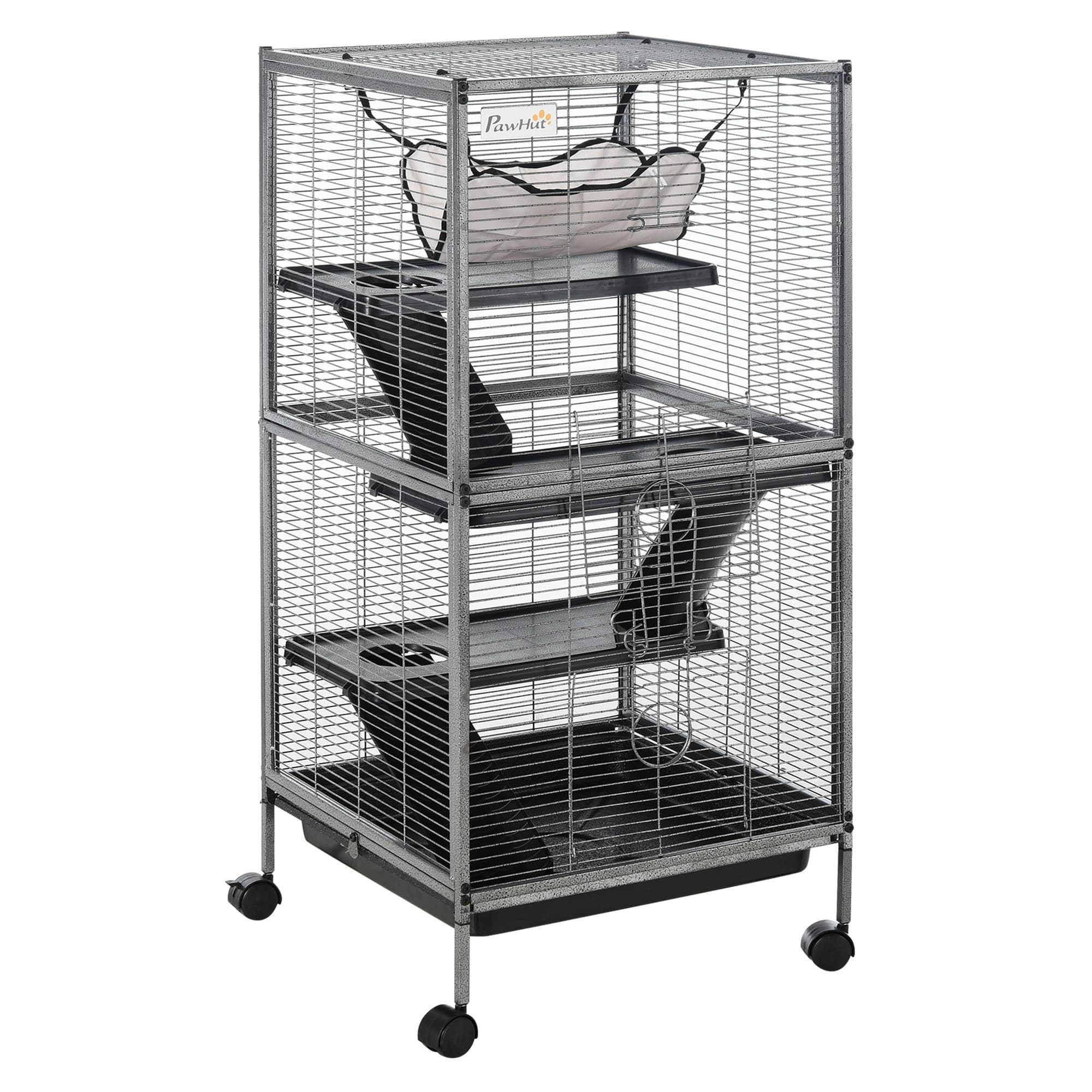 PawHut Cage pour Petits Animaux Portable avec 2 Portes Hamac Métal PP 52 x 52 x 113,5 cm Gris