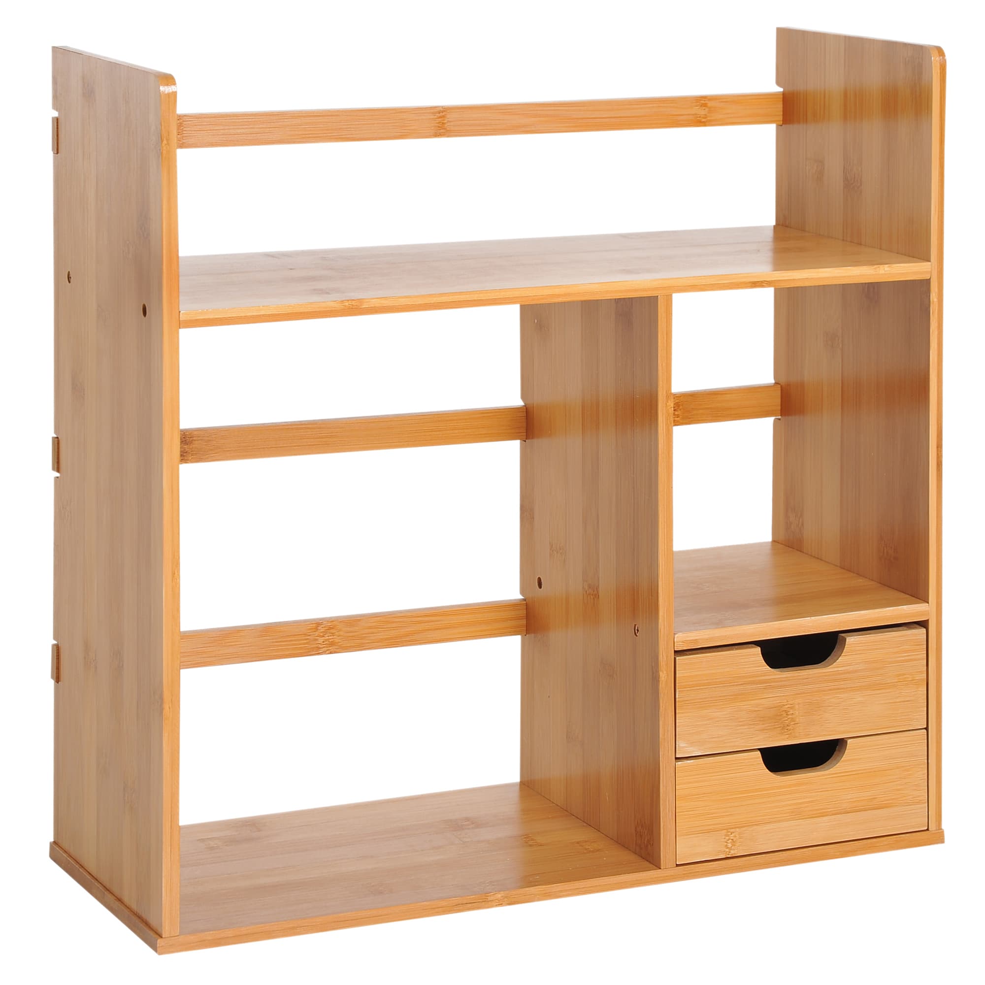 Homcom Organisateur de Bureau en Bambou Organisateur Multimédia de Bureau Multi-Rangements 2 Tiroirs 3 Etagères Bois de Bambou Naturel 48x20x46cm