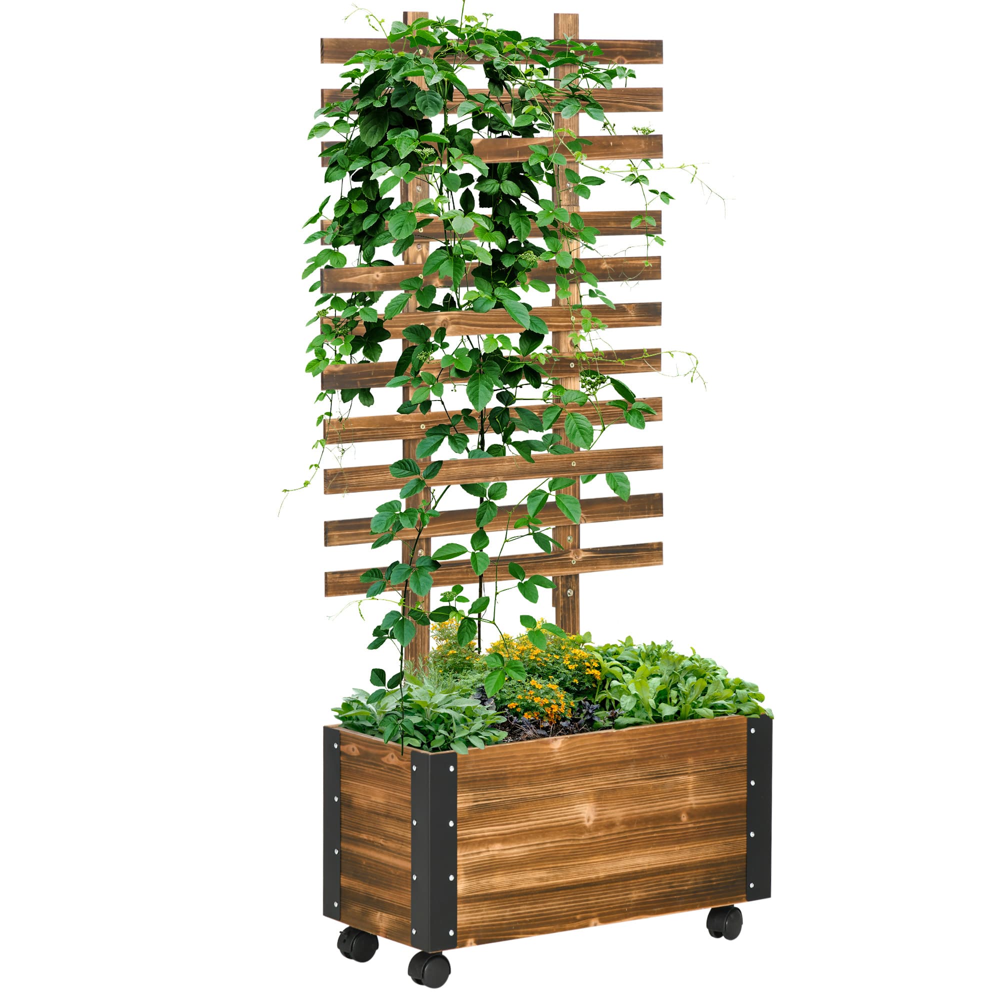 Outsunny Jardinière avec treillis bac à fleurs avec film géotextile et roulettes 65 x 31 x 147 cm bois sapin pré-huilé Aosom France