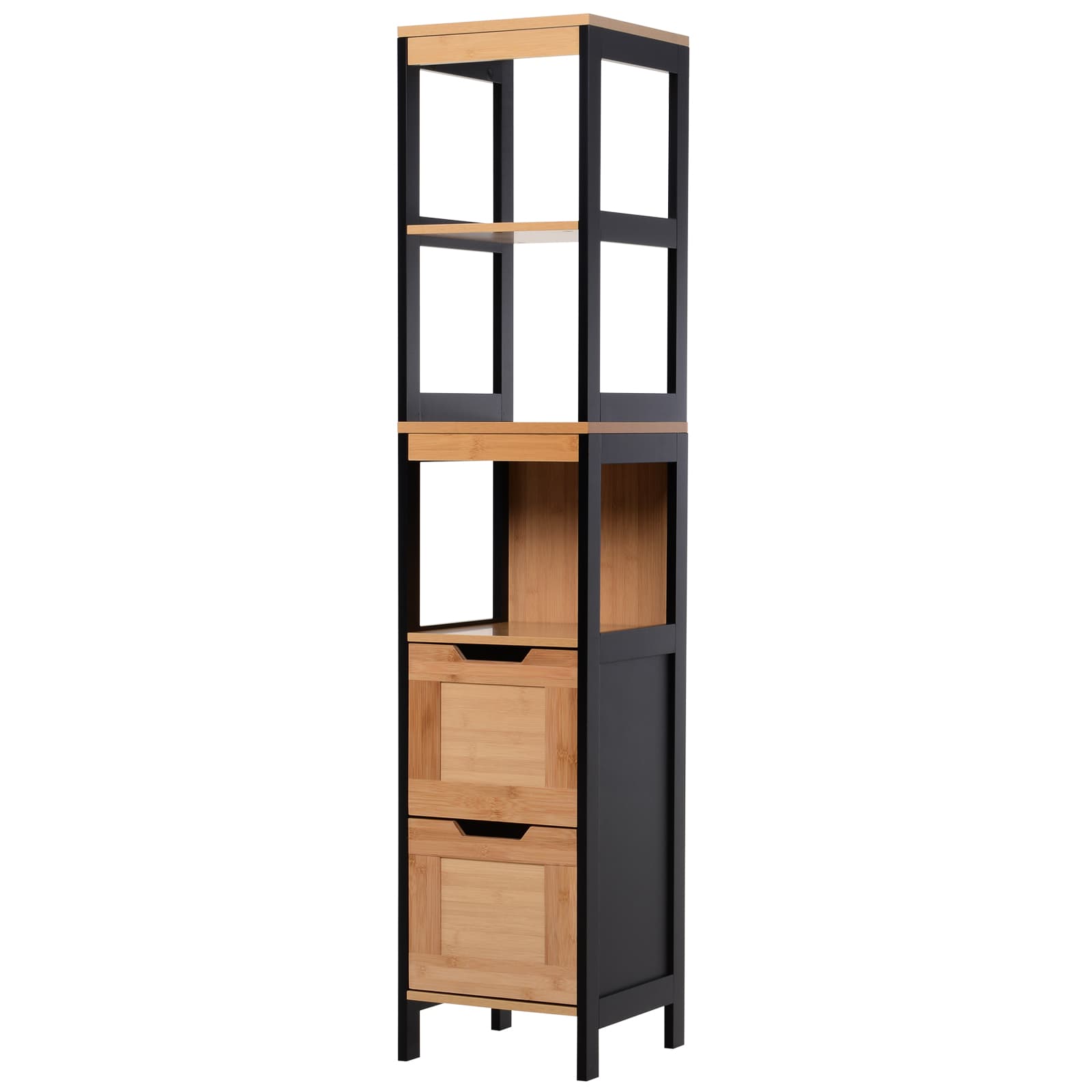kleankin Meuble colonne rangement salle de bain style cosy dim. 30L x 30l x 144H cm 3 étagères 2 tiroirs bambou MDF noir