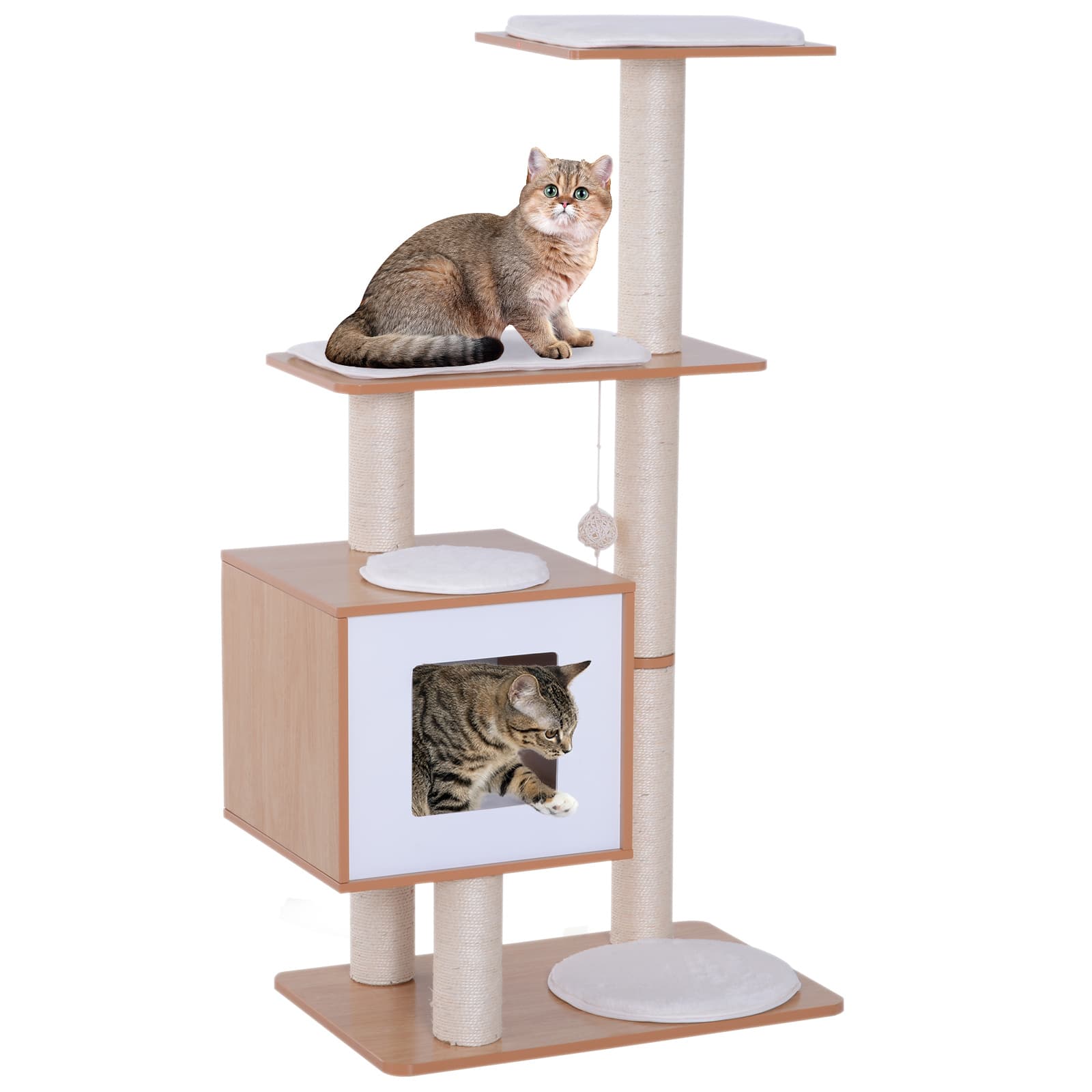 Pawhut Arbre à chat Design Moderne - Griffoir en Sisal, Niche, Plate-formes et Boule suspendue - MDF hêtre 66x47x120 cm Aosom France