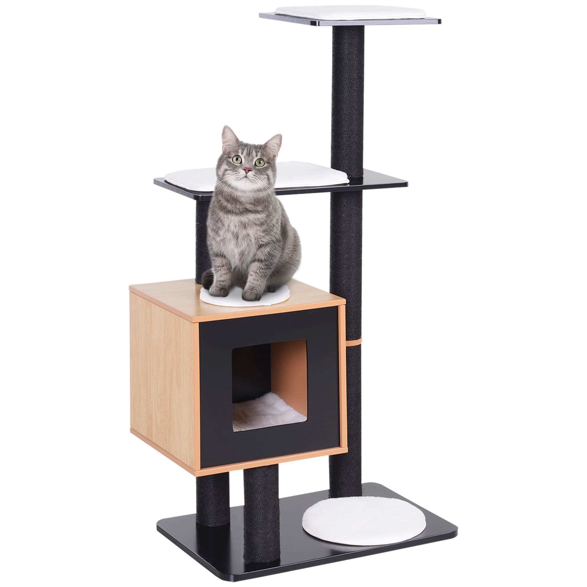 PawHut Arbre à Chats Noir Design Moderne avec Griffoirs Sisal, Niche, Plateformes et Jouets Suspendus, Confort pour Chats Aosom France