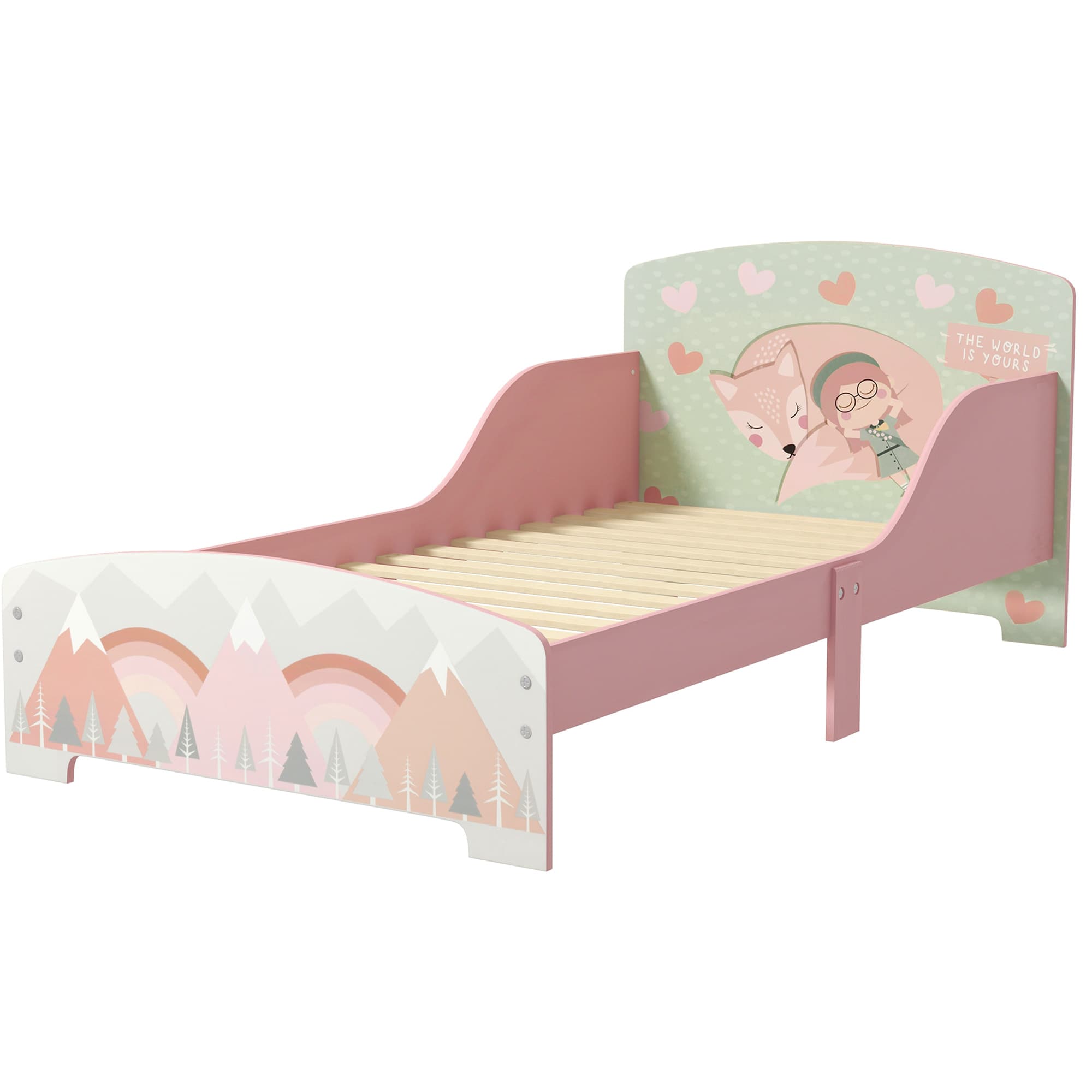 ZONEKIZ Lit pour enfant 3-6 ans avec barrières de sécurité et motifs dim. 77 x 143 x 60 cm sommier à lattes inclus - rose
