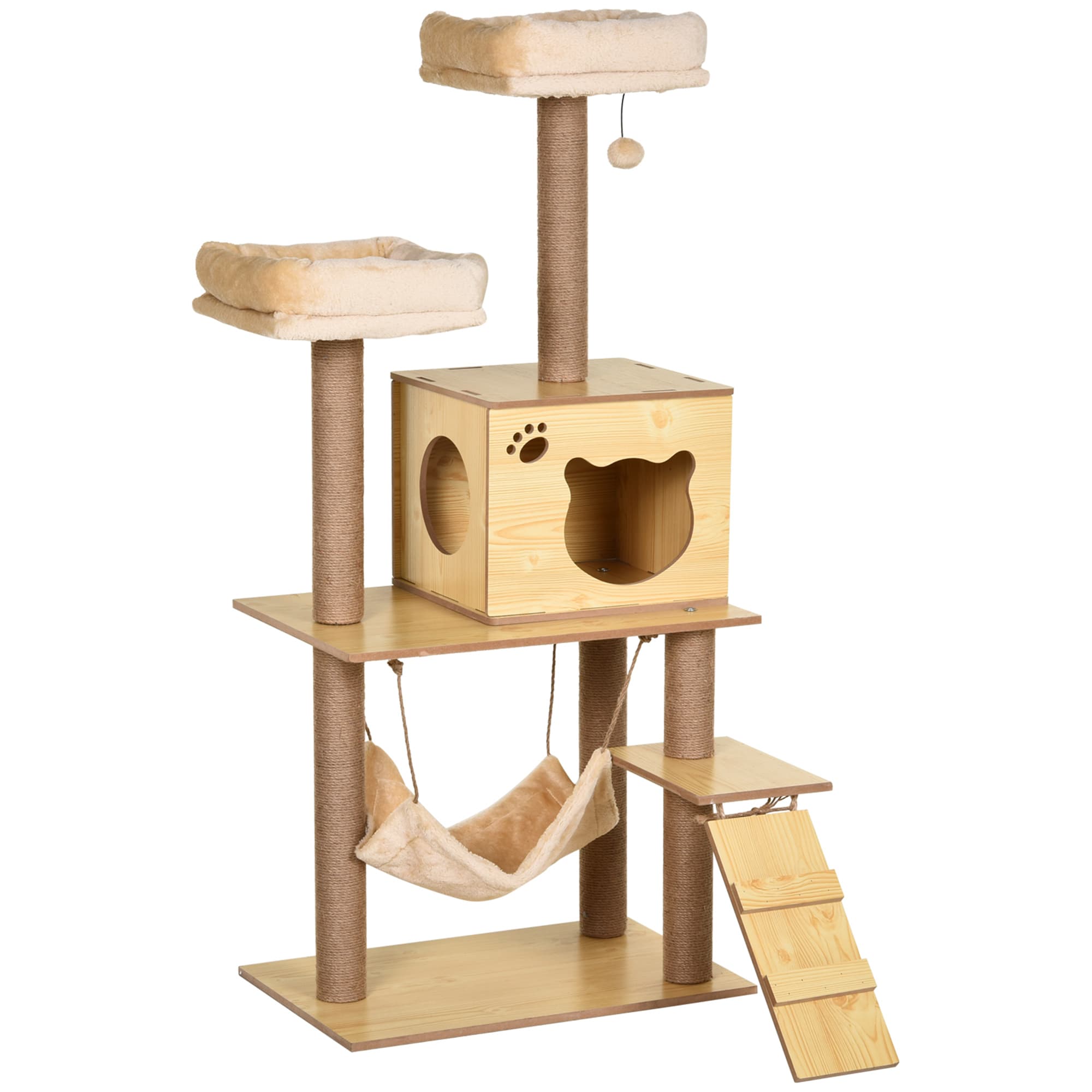 PawHut Arbre à Chat Centre d'Activités Hamac Niche Échelle Peluche Courte 60L x 40l x 130H cm Jaune aosom france