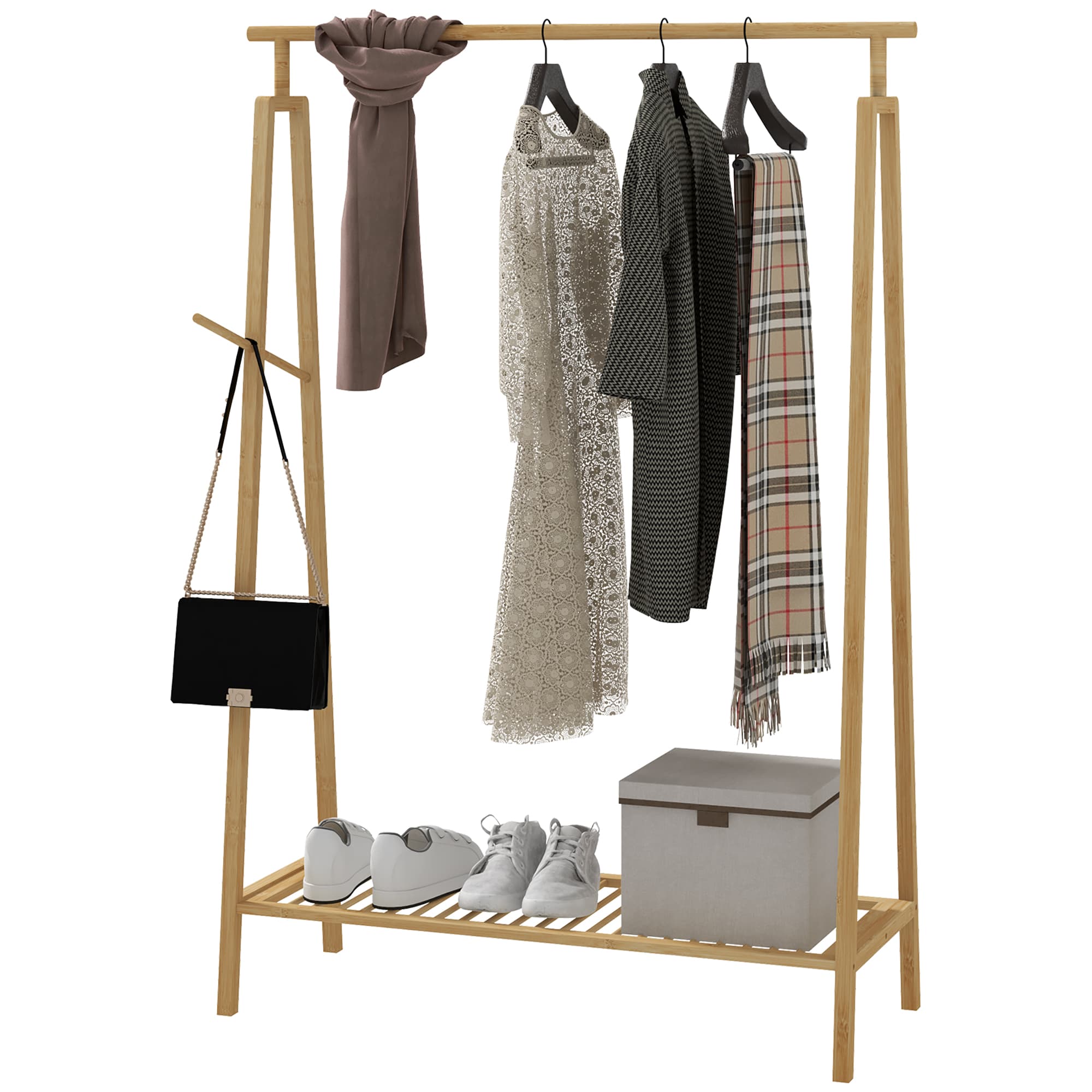 HOMCOM Portant pour vêtements en bambou, Porte-manteau en Bois avec étagère à chaussures dim. 110L x 42l x 152H cm