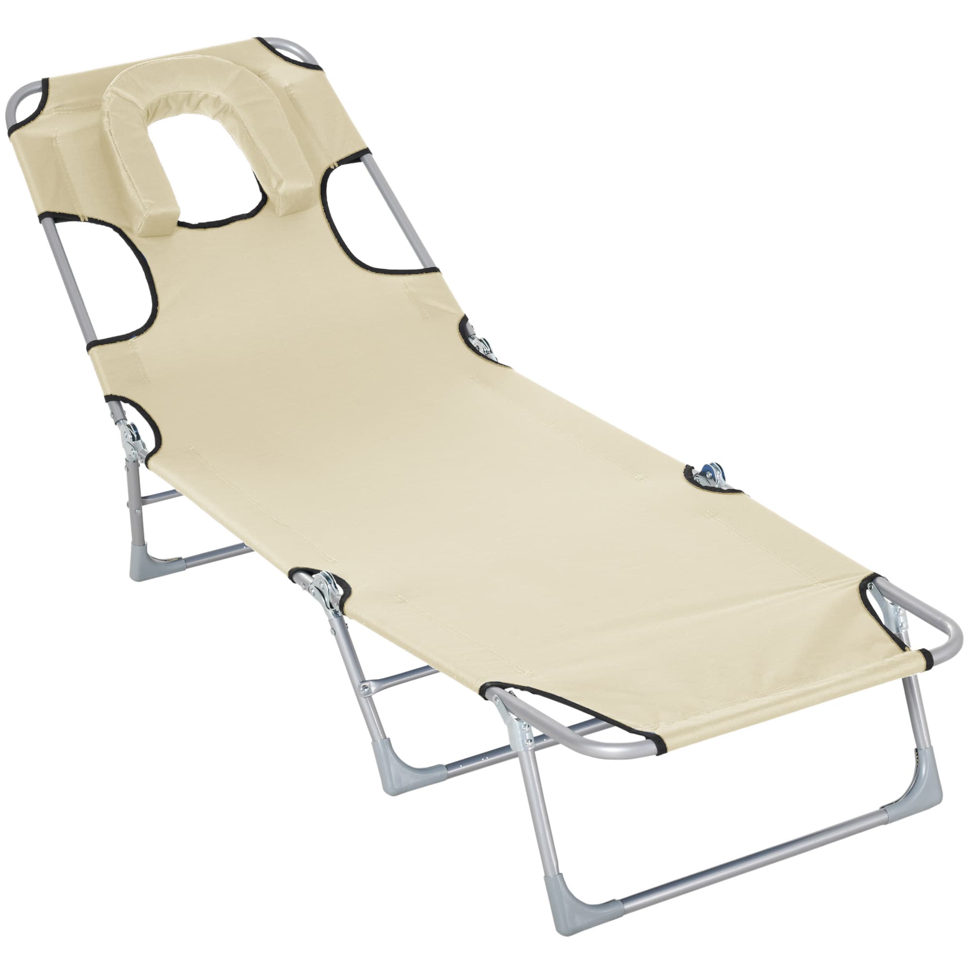 Outsunny Chaise longue pliante avec appui-tête à trou pour la lecture et dossier Inclinable en tissu Oxford beige