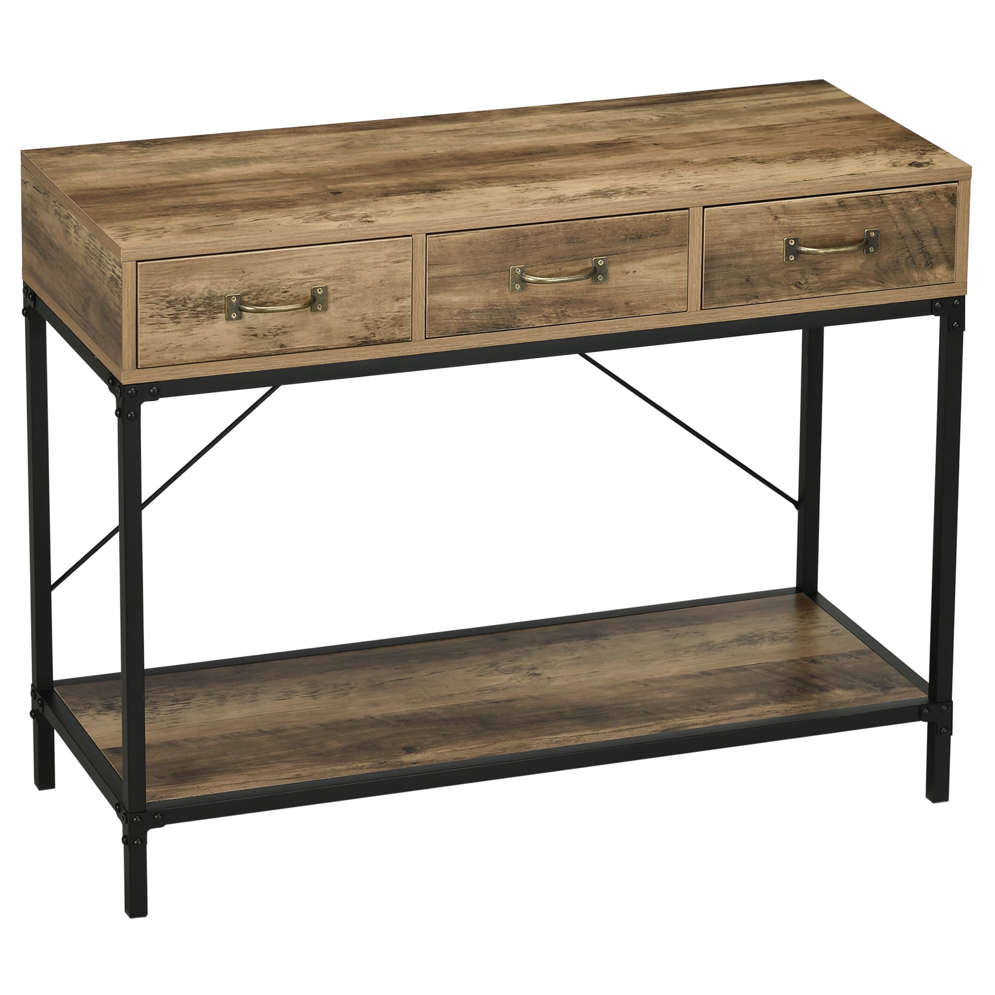 HOMCOM Table console table d'appoint d'entrée industriel 3 tiroirs 1 plateau aspect bois 100 x 35 x 76,5 cm marron clair noir