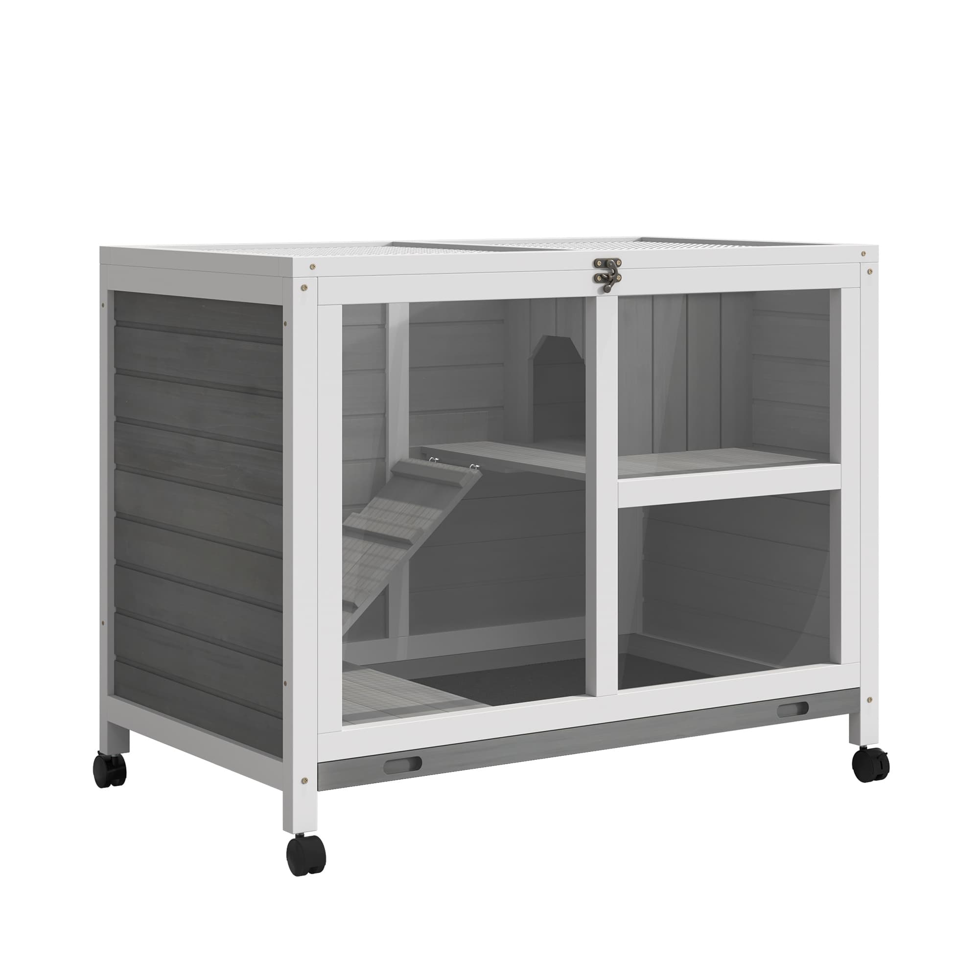 PawHut Cage à lapin clapier sur roulettes petit enclos aminaux en bois massif 2 étages toit ouvrant plates-formes 91,5 x 53,3 x 73 cm gris