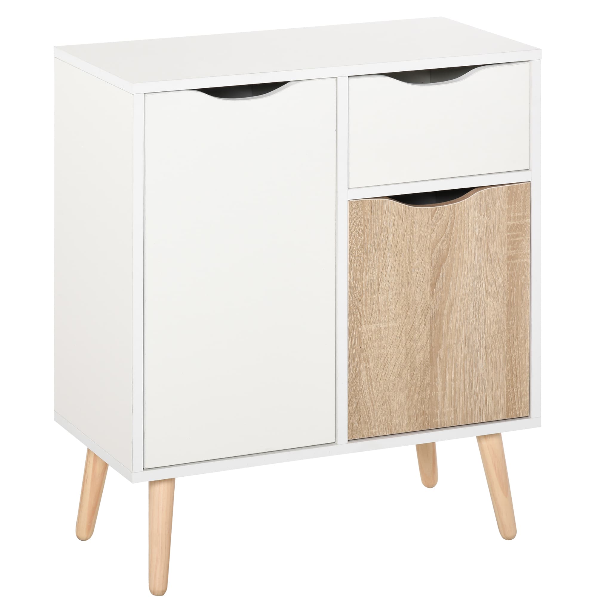 HOMCOM Meuble de rangement design scandinave 2 placards tiroir coulissant pieds bois massif pin panneaux particules blanc chêne clair