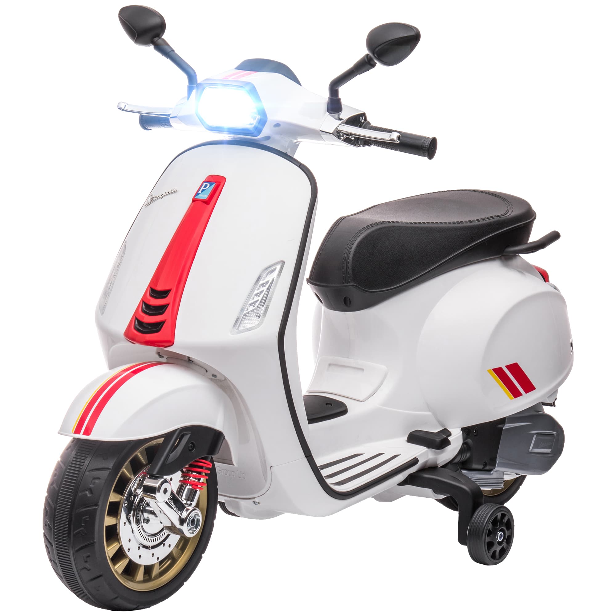 AIYAPLAY Scooter électrique enfant Vespa 6 V dim. 107L x 47l x 73H cm Musique MP3 Port USB Phare 2 roues d'entraînement - Blanc