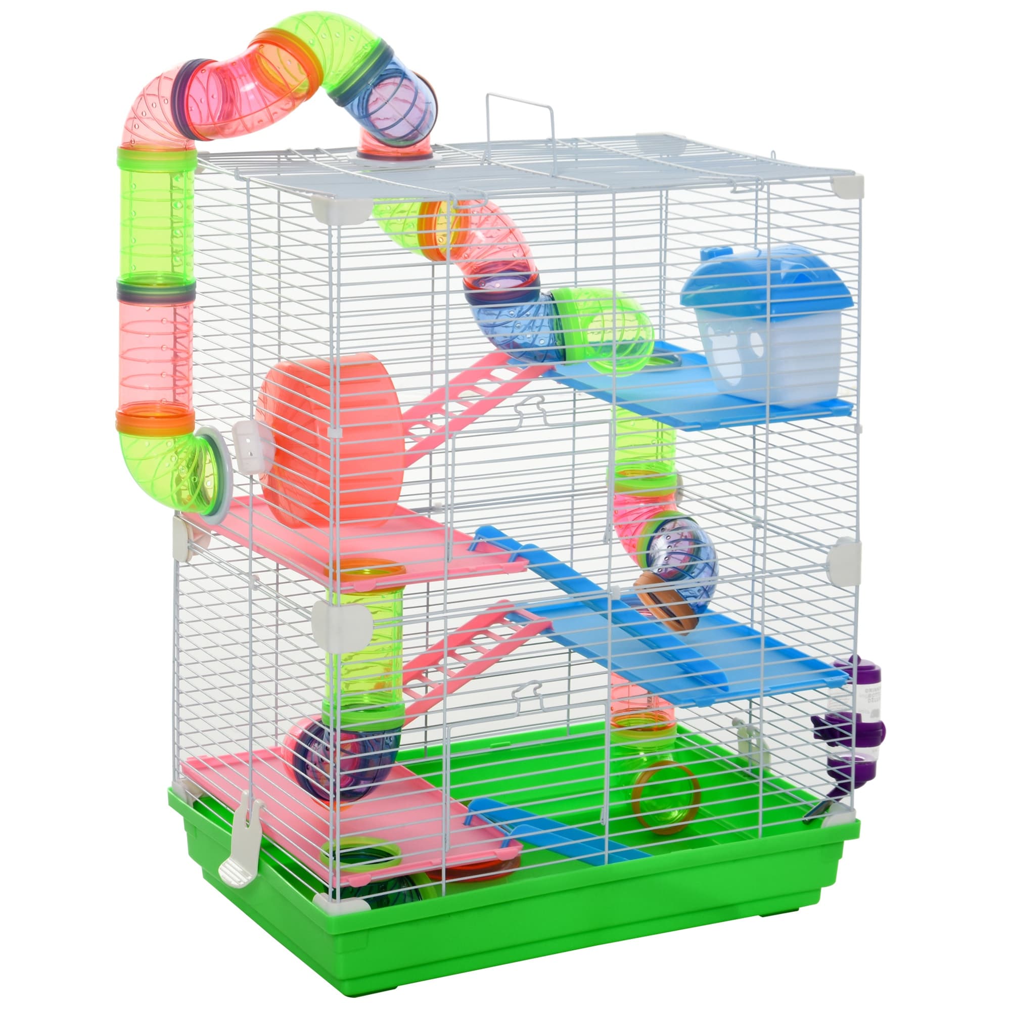 PawHut Cage pour hamster souris rongeur 4 étages avec tunnels mangeoire roue maison échelles dim. 46L x 30l x 58H cm cm vert