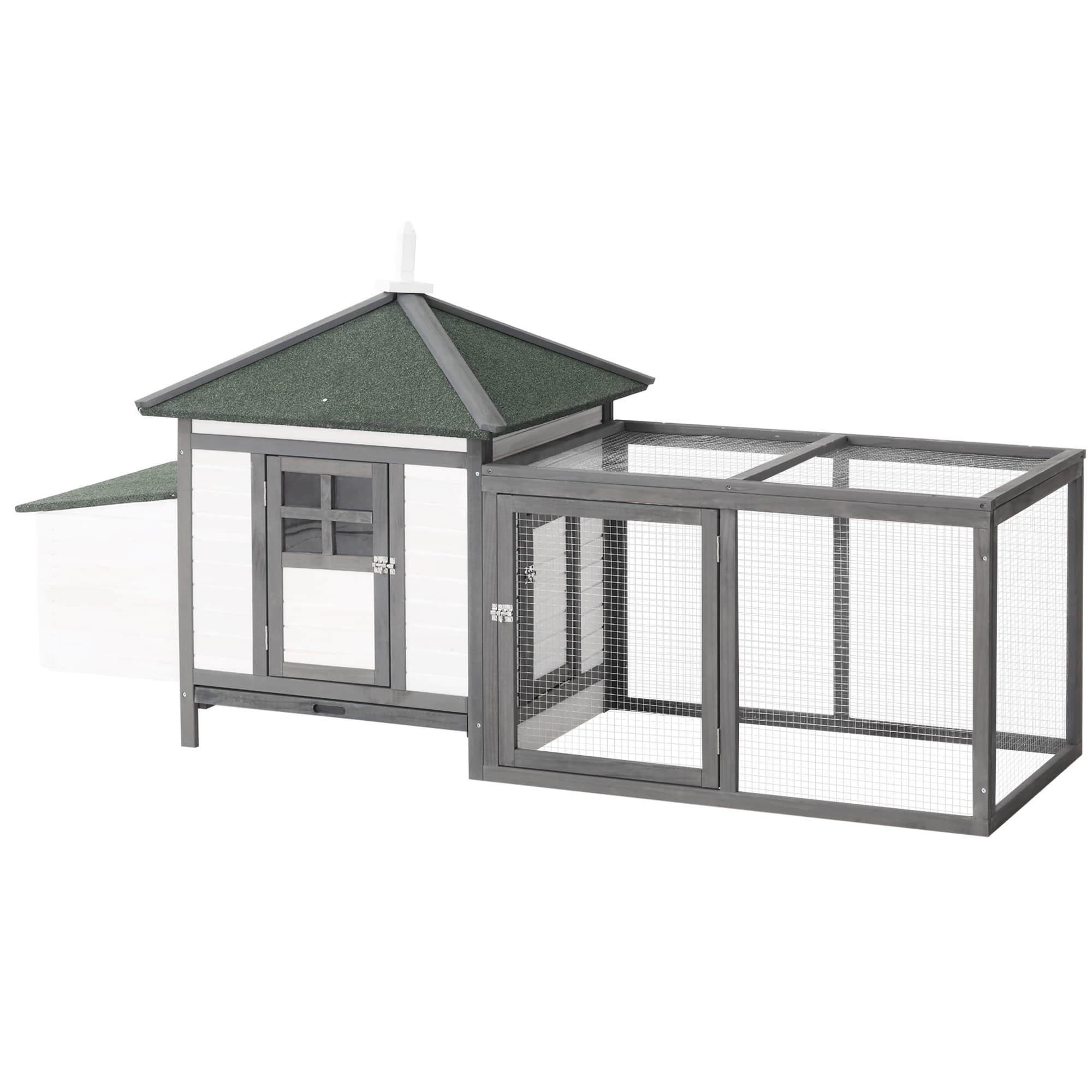 PawHut Poulailler Cage à Poule Multi-Equipement Perchoir Rampe Pondoir Enclos Tiroir à Déjection Bois Massif 196 x 74 x 98 cm Blanc Gris