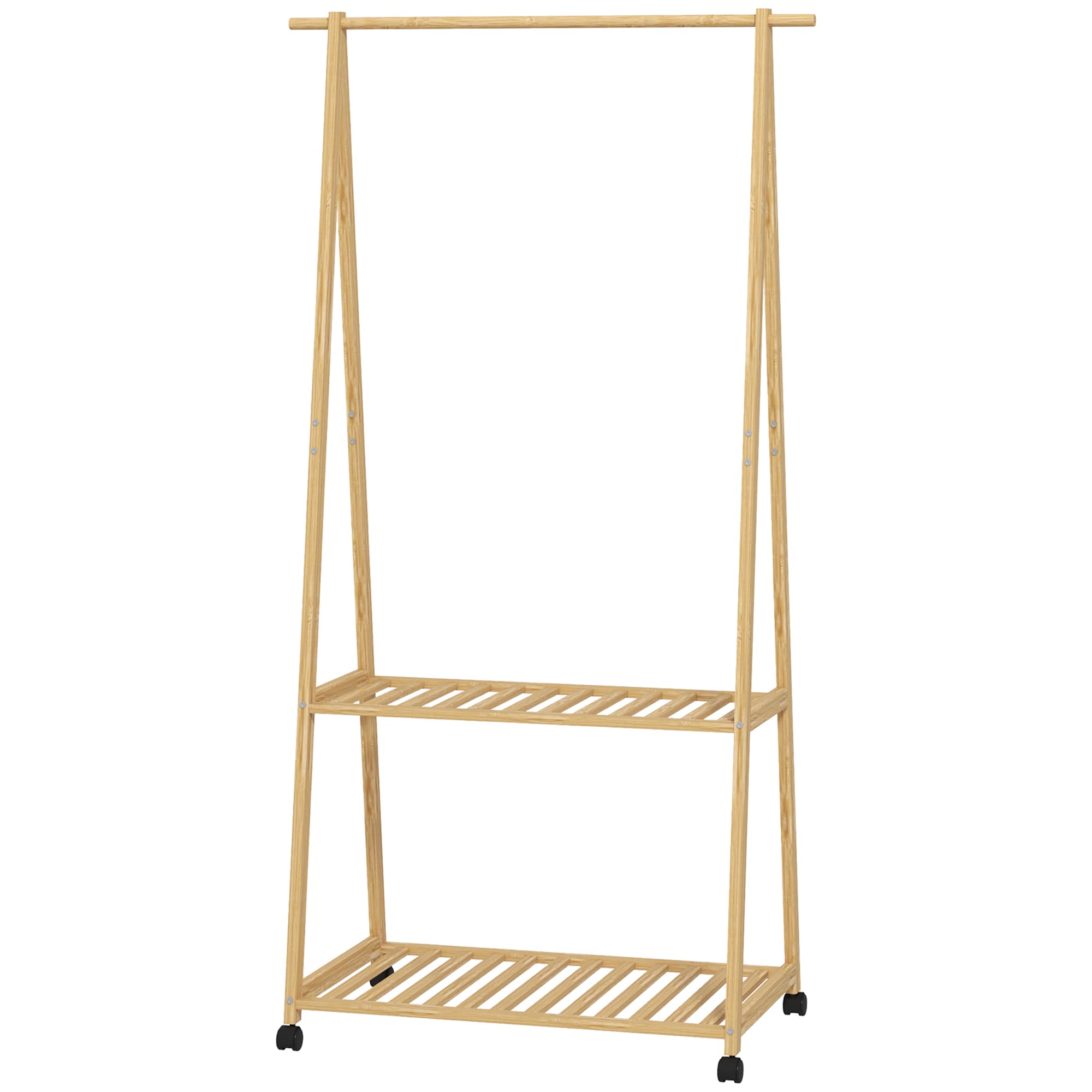 HOMCOM Portant à vêtement portemanteau en bambou sur roulettes avec 2 étagères et 2 crochets, pour entrée, chambre