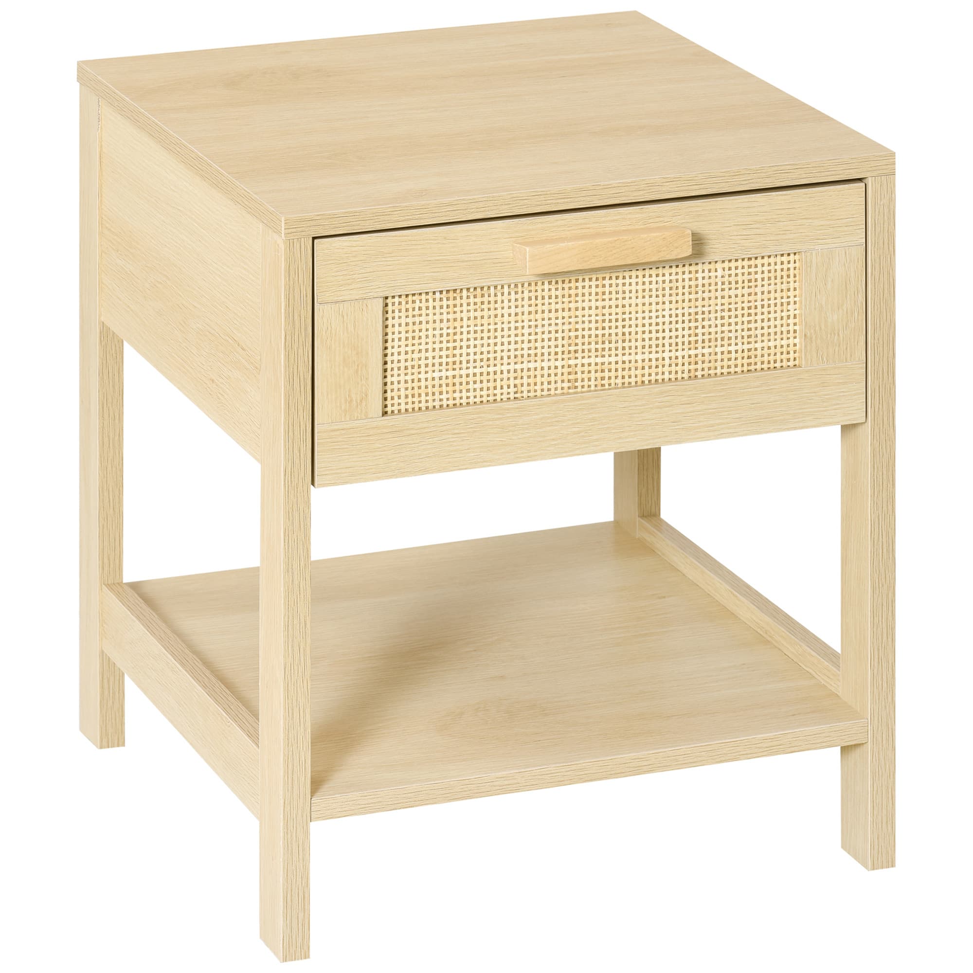 HOMCOM Table de chevet table de nuit design cosy naturel avec façade de tiroir en cannage de rotin dim. 40L x 40l x 48H cm bois clair