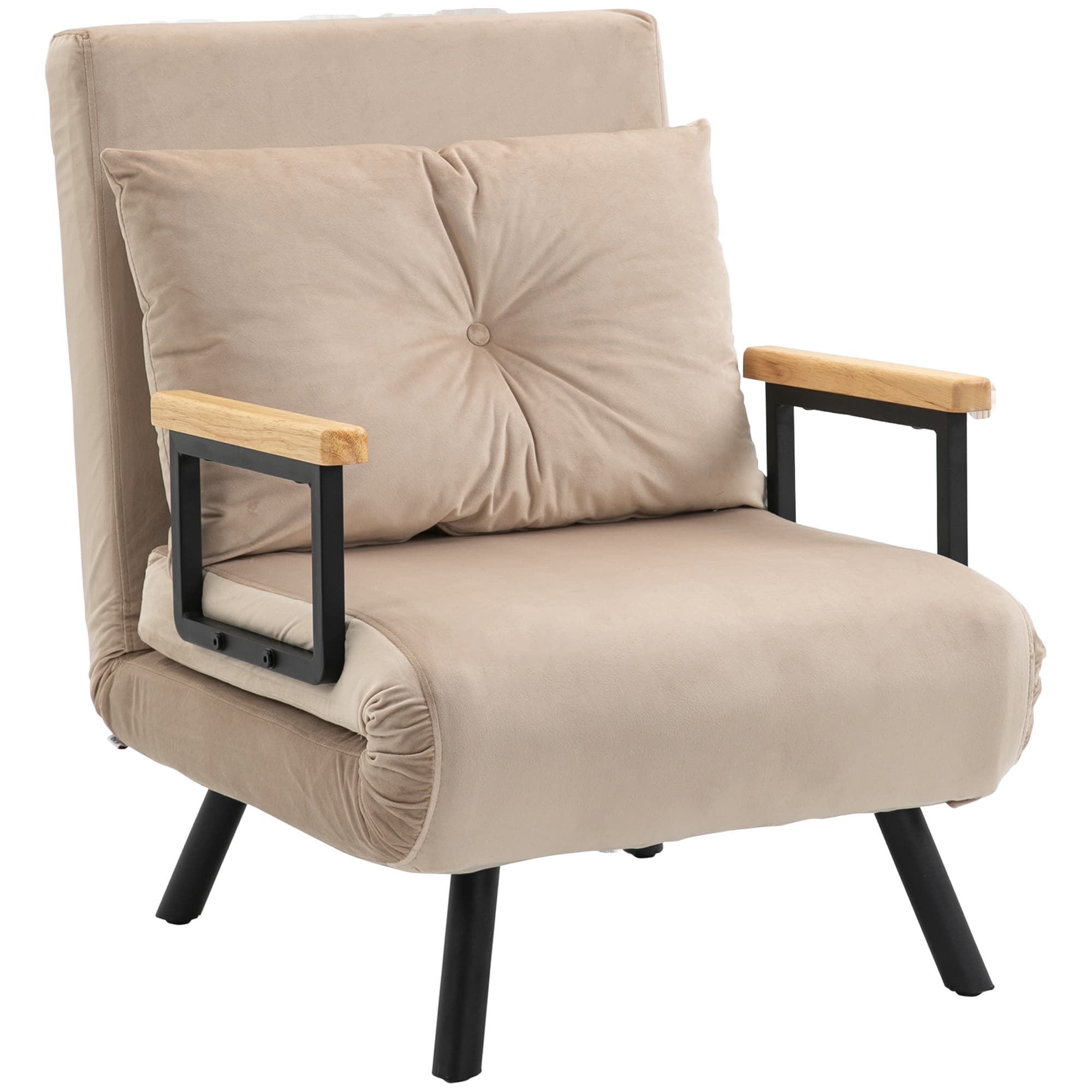 HOMCOM Fauteuil convertible 3 en 1 lit 1 place dossier 5 positions, accoudoirs en bois et coussin, tissu effet velours, beige