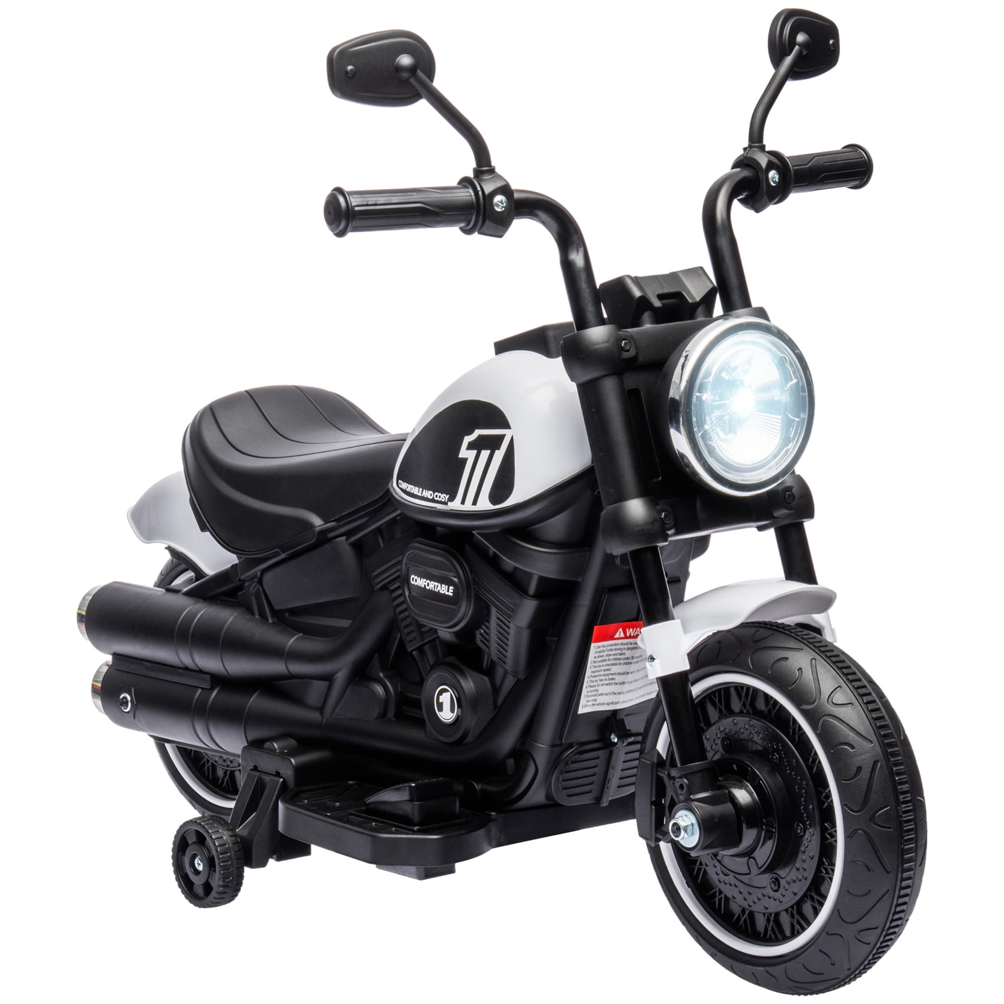 HOMCOM Moto électrique pour enfants 3 km/h 6V avec phare LED 2 roues d'entraînement de 18 à 36 mois avec moteur puissant blanc