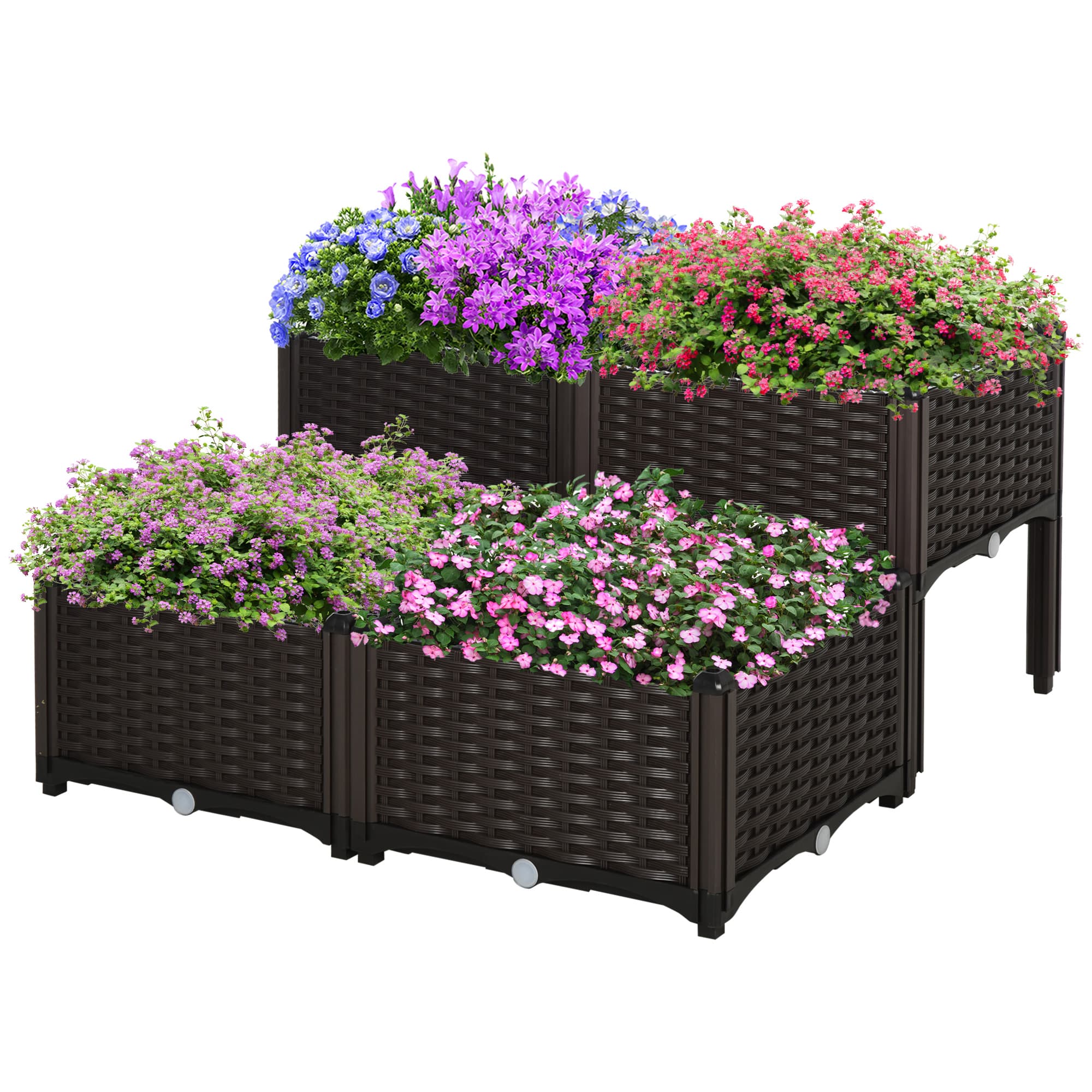 Outsunny Ensemble de jardinière carrée 4 jardinières hautes basses combinables imitation rotin tressé plastique 40 x 40 x 44 cm brun
