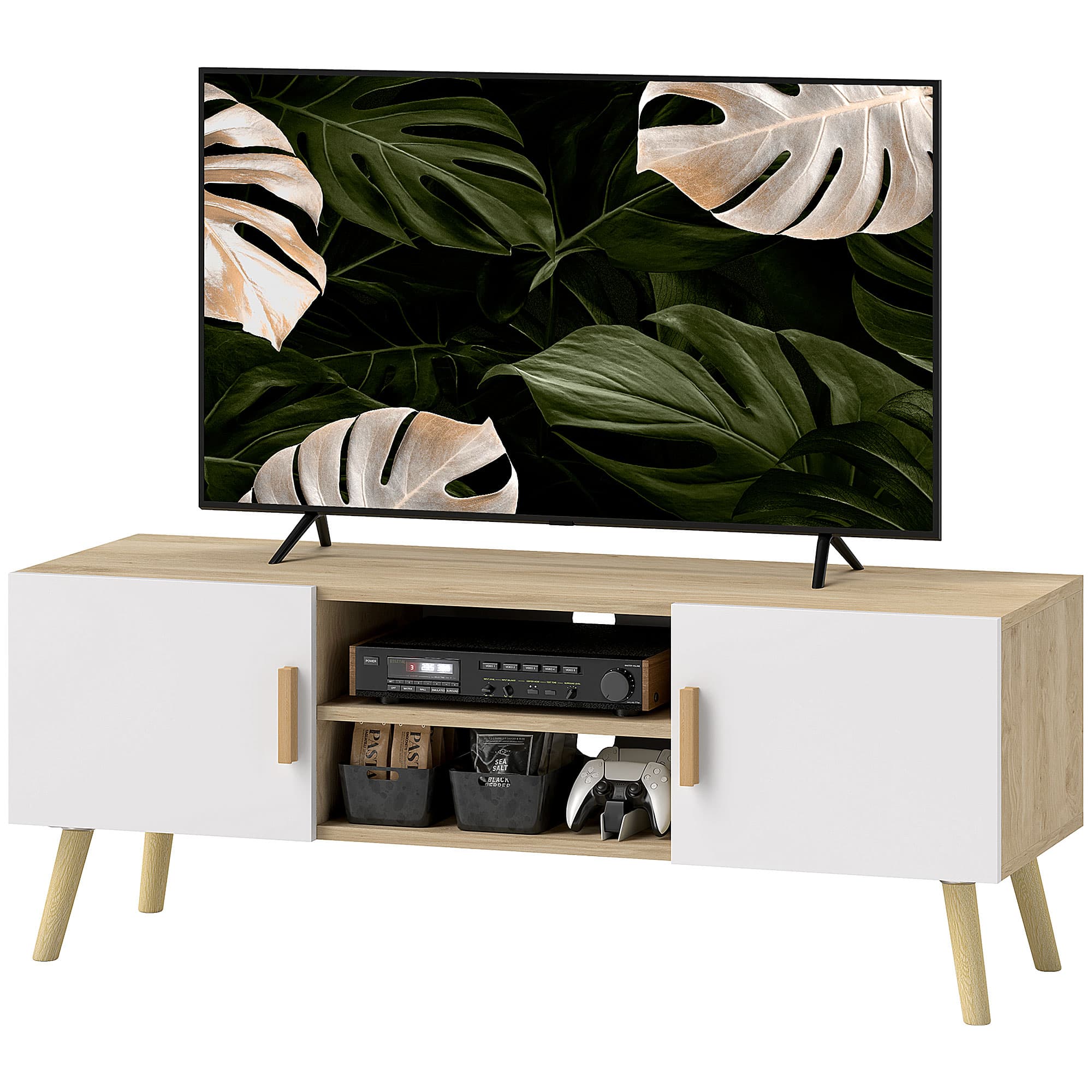 HOMCOM Meuble TV meuble télé bois banc TV jusqu'à 50 pouces avec étagères, 2 placards et passe-câbles, chêne